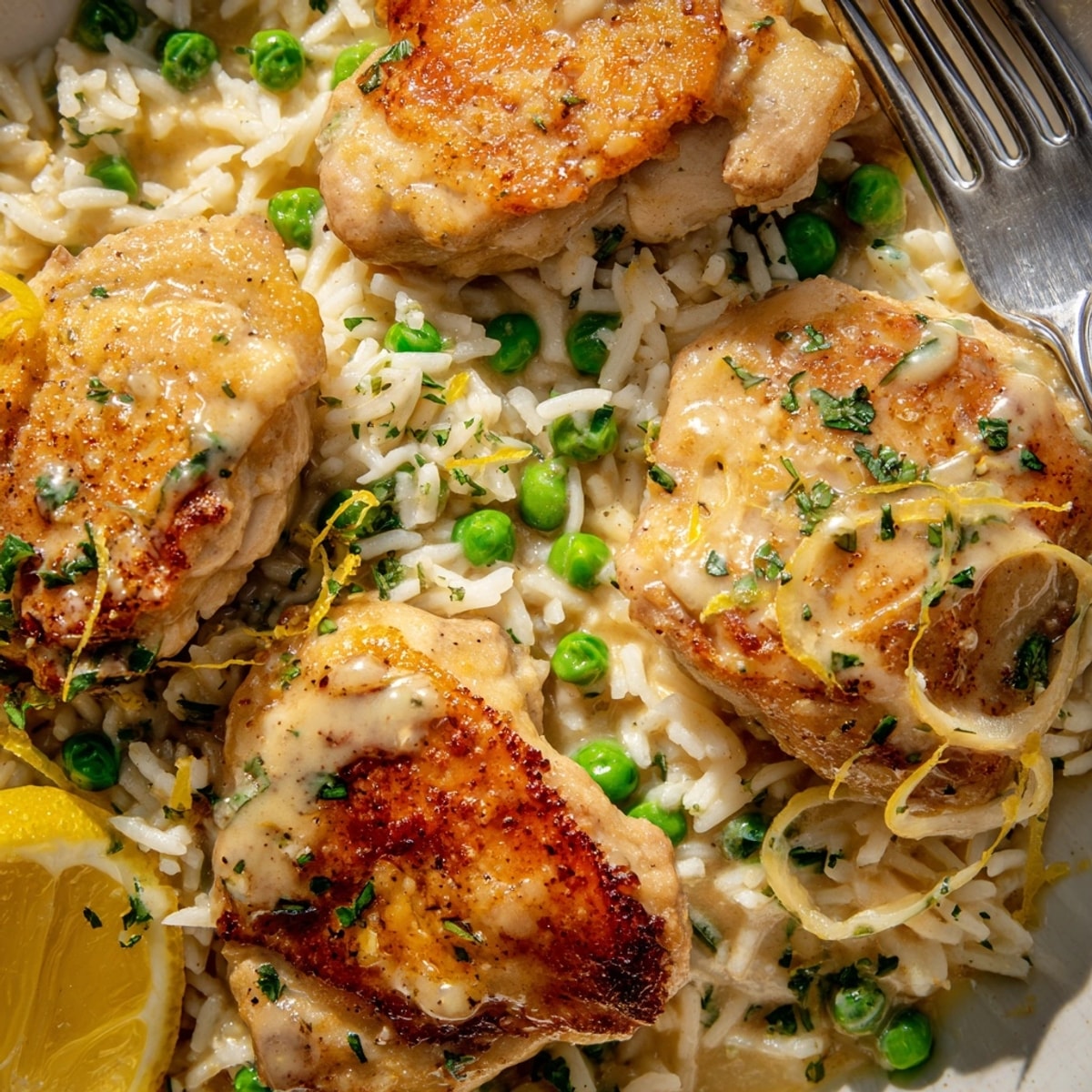 One-pot creamy lemon chicken and rice garnished with fresh parsley in a deep skillet.