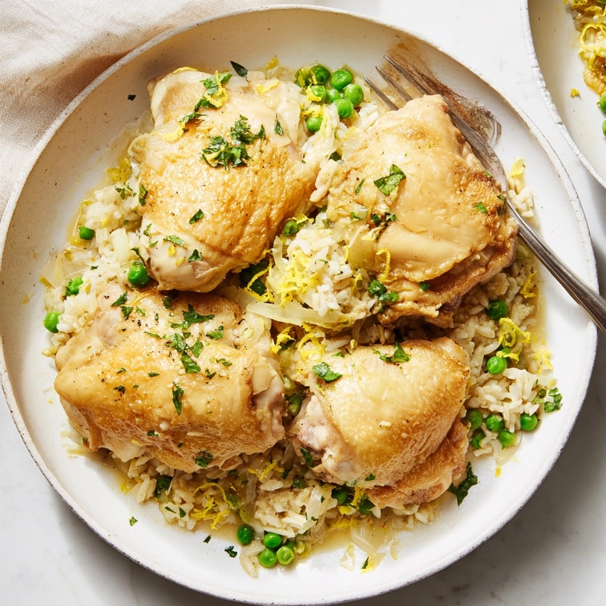 Close-up of creamy lemon chicken and rice, topped with vibrant lemon zest and parsley.