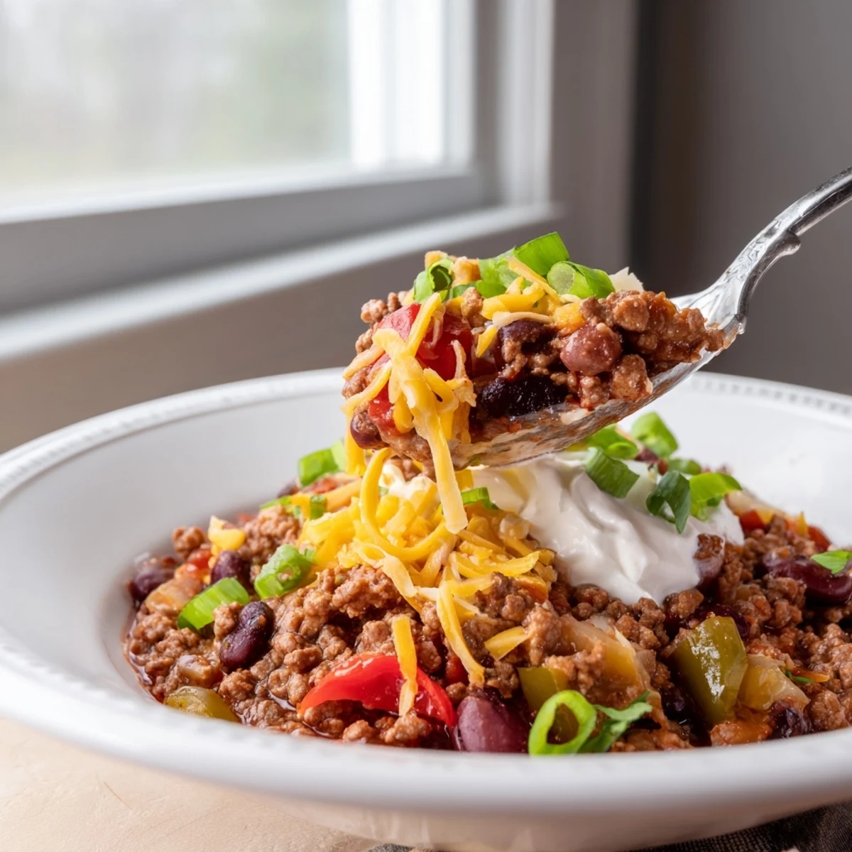 Thick, savory Simple Weeknight Chili with ground beef and beans simmers in a pot, ready to serve.