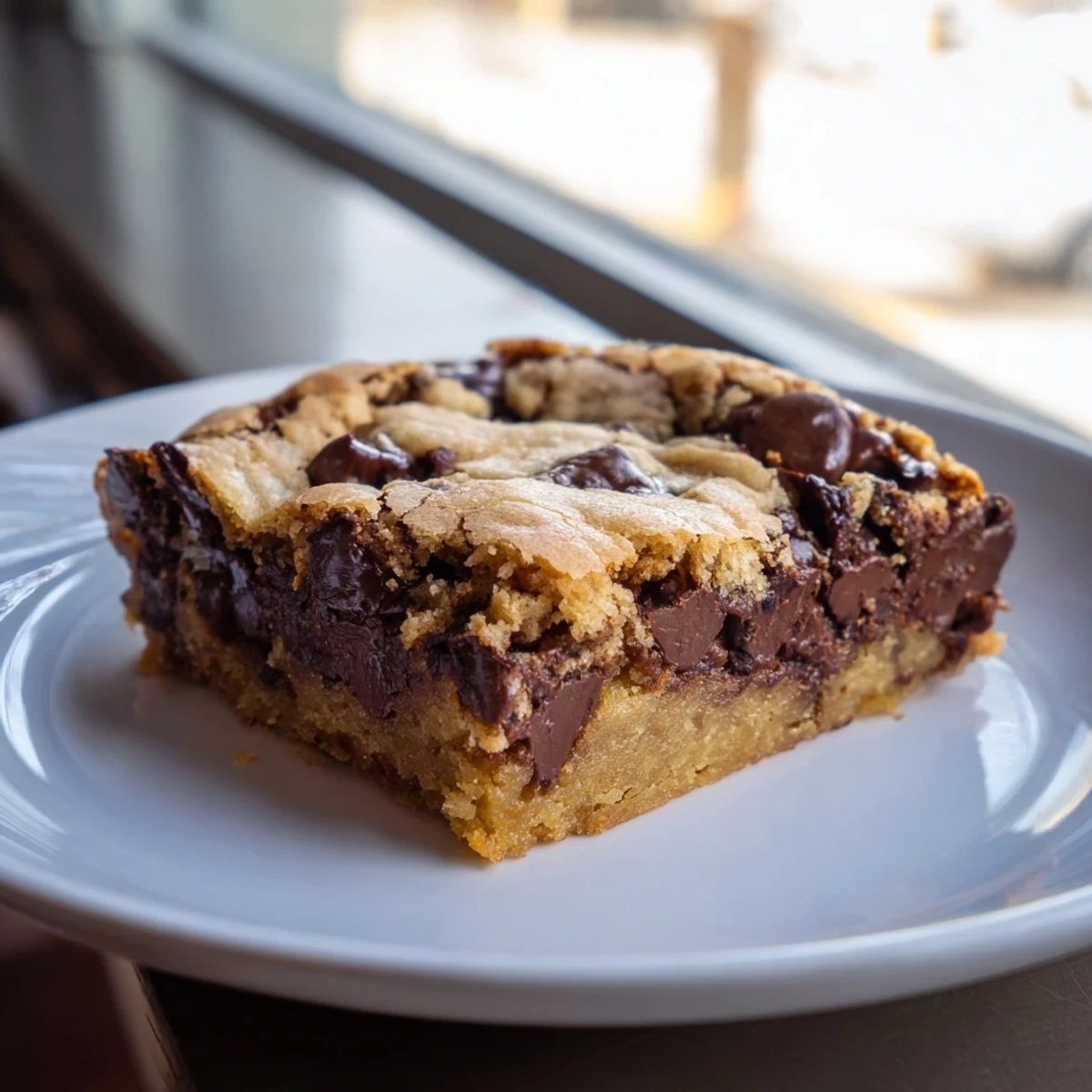 Gooey chocolate chip cookie bars: a close-up shows a tray of warm, golden, freshly baked treats.