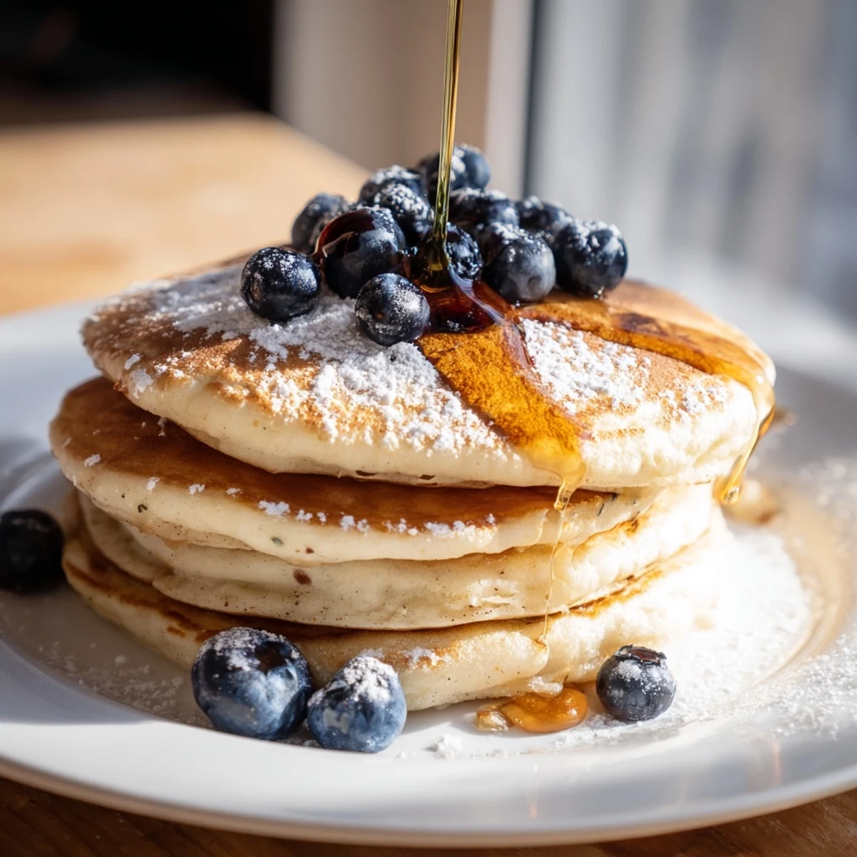 Warm, appetizing light and fluffy ricotta pancakes, ready to be topped with a dusting of powdered sugar.