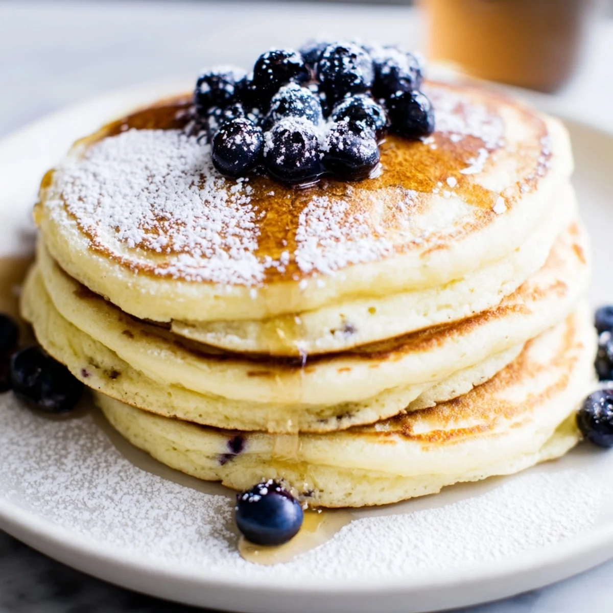 A stack of light and fluffy ricotta pancakes, perfect with fresh berries for a vibrant breakfast.