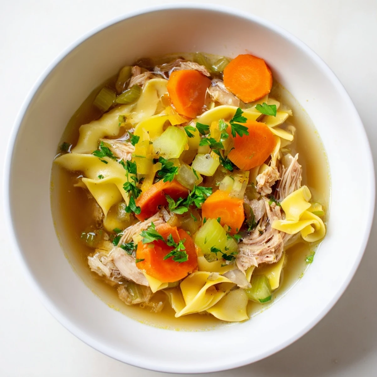 Steaming bowl of Cozy Chicken Noodle Soup, showcasing tender chicken with golden egg noodles.