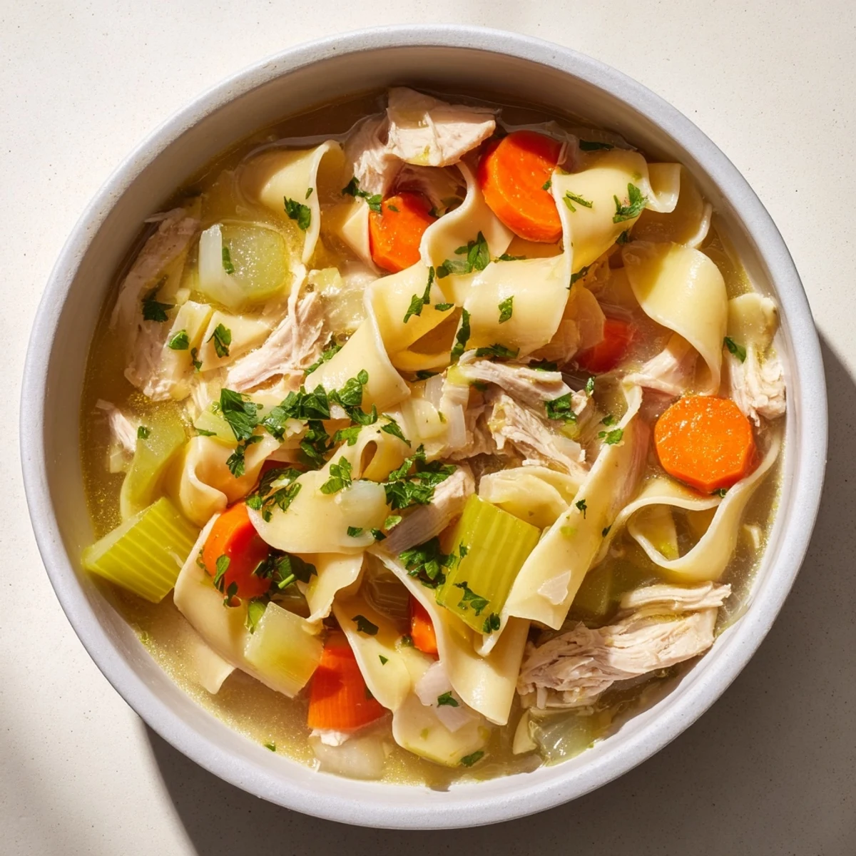 Homemade Cozy Chicken Noodle Soup, a warm bowl filled with carrots, celery, and savory broth.
