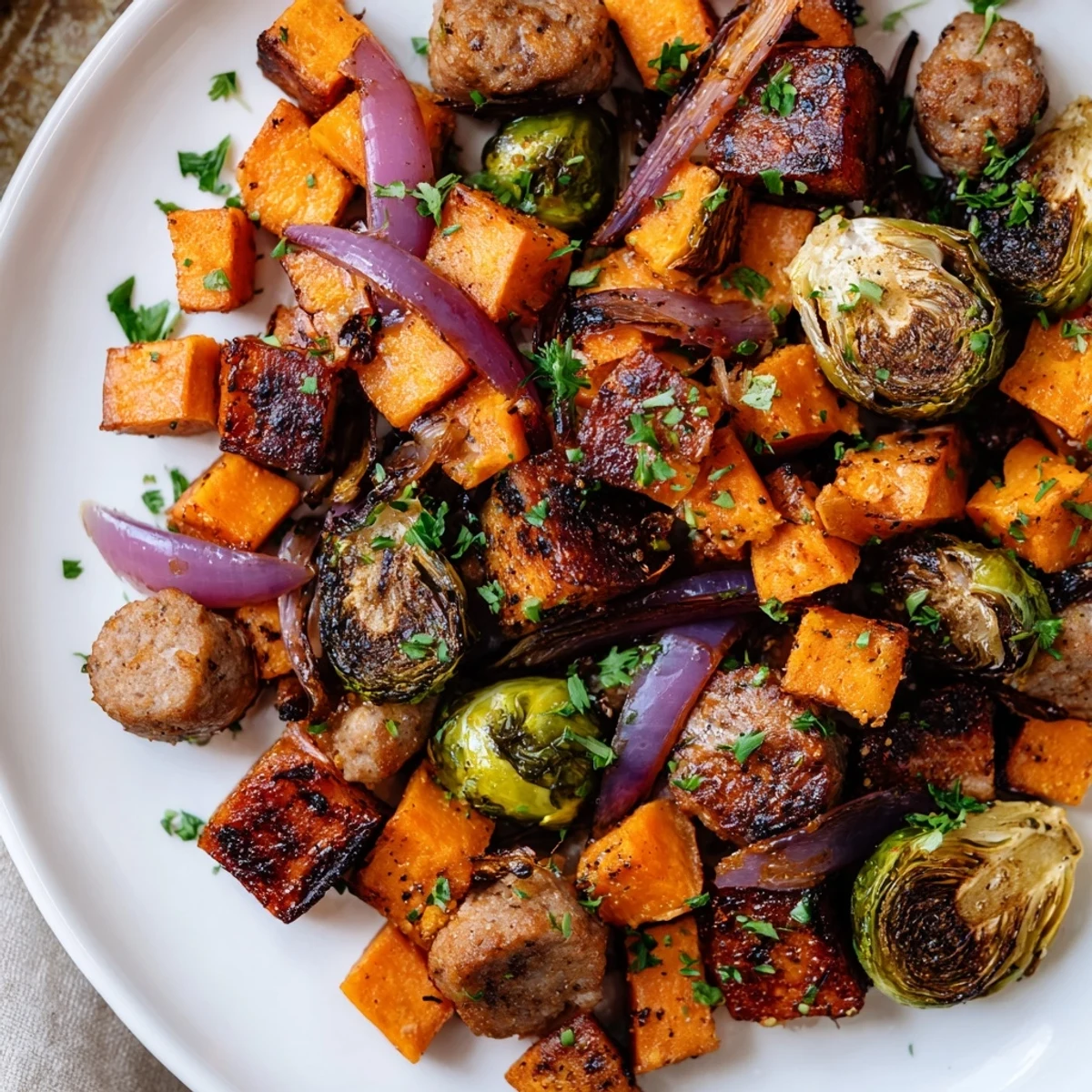 Golden brown Sheet Pan Sausage, Sweet Potato, and Brussels Sprouts, ready to eat, served on a baking sheet.