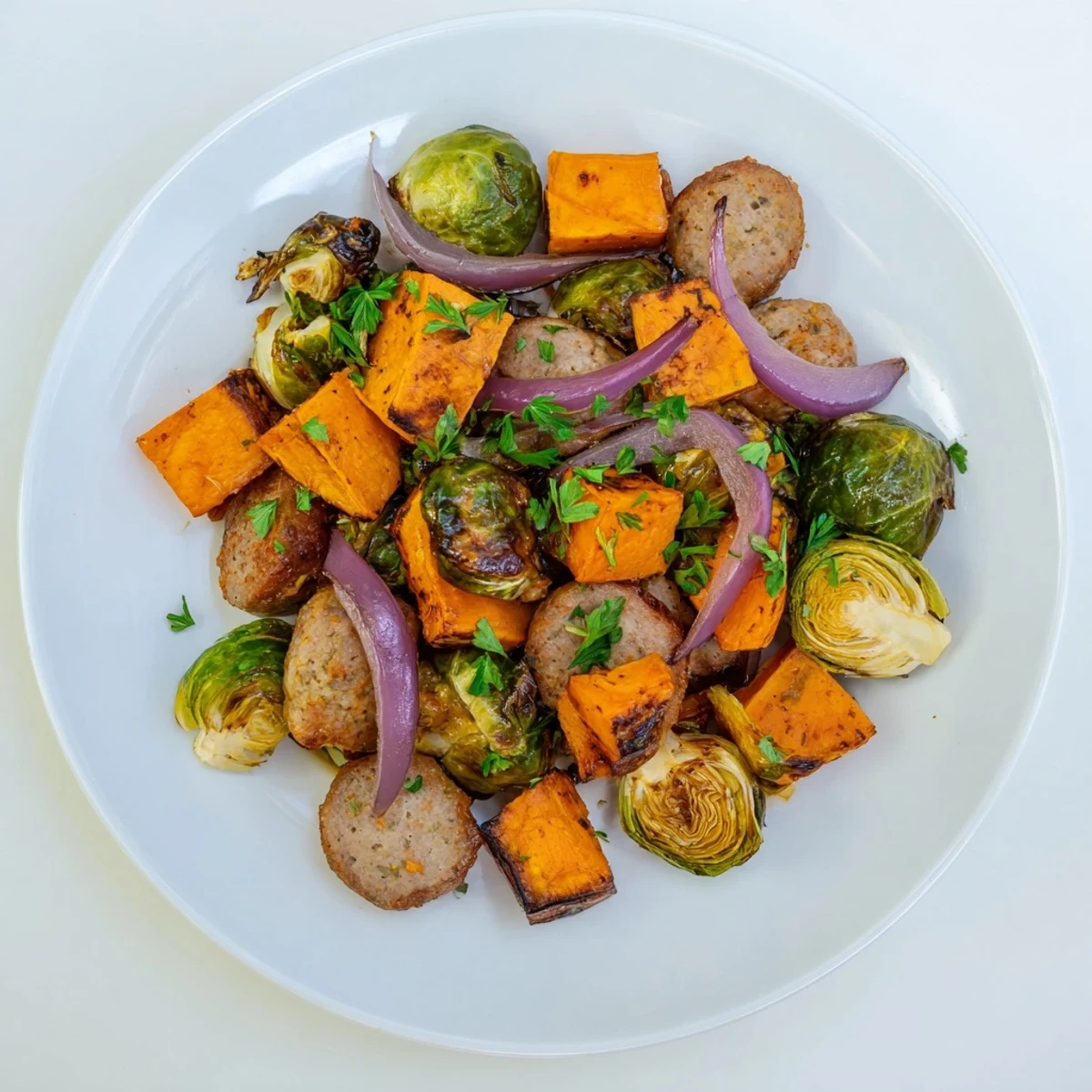 Savory Sheet Pan Sausage, Sweet Potato, and Brussels Sprouts, roasted to perfection, filled with caramelized vegetables.