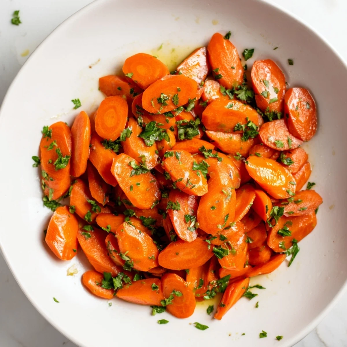 A vibrant close-up of tender Golden Honey-Glazed Carrots, ready to be served as a flavorful side.