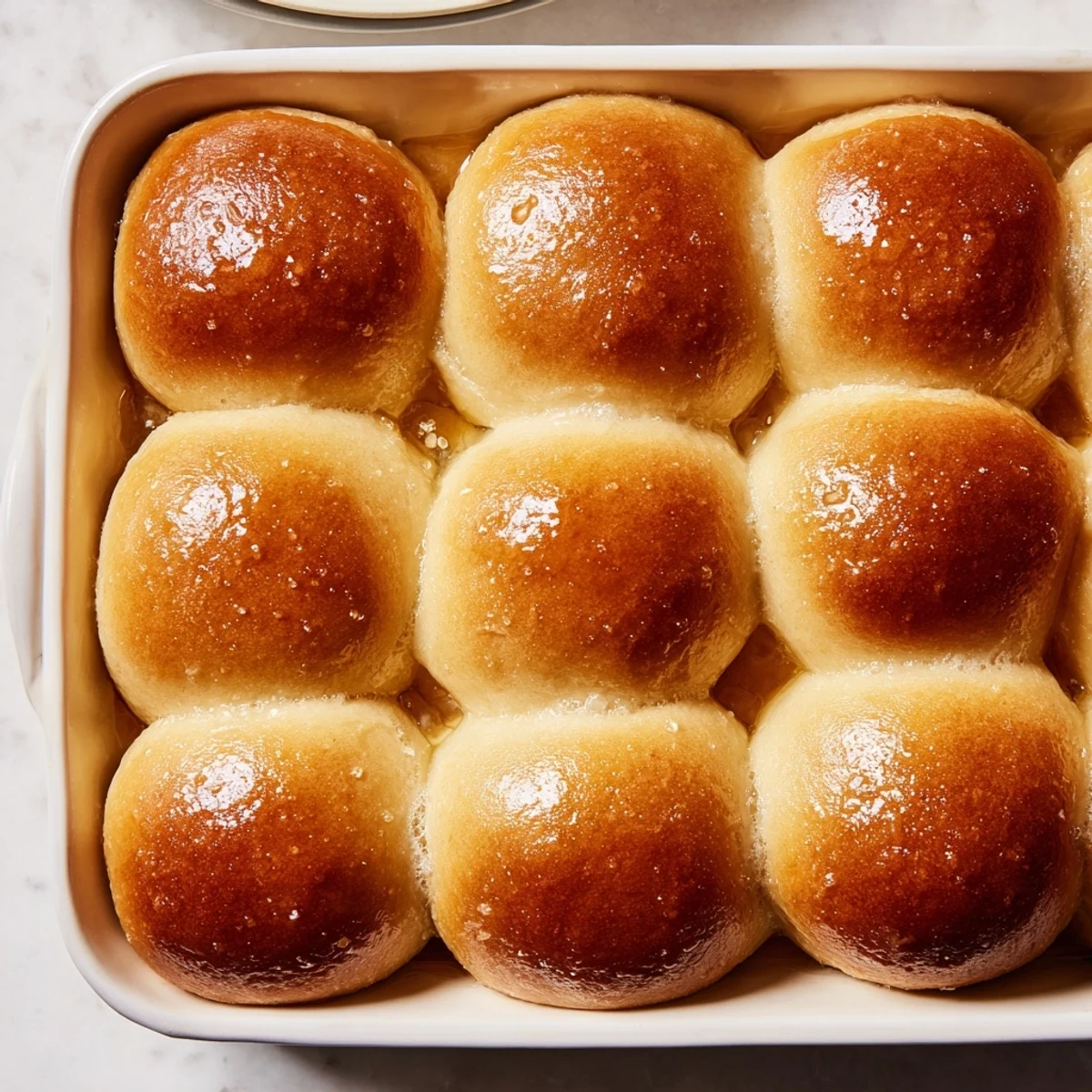 Warm, golden Homemade Golden Dinner Rolls, ready to eat, with a delightful, buttery aroma that fills the kitchen.