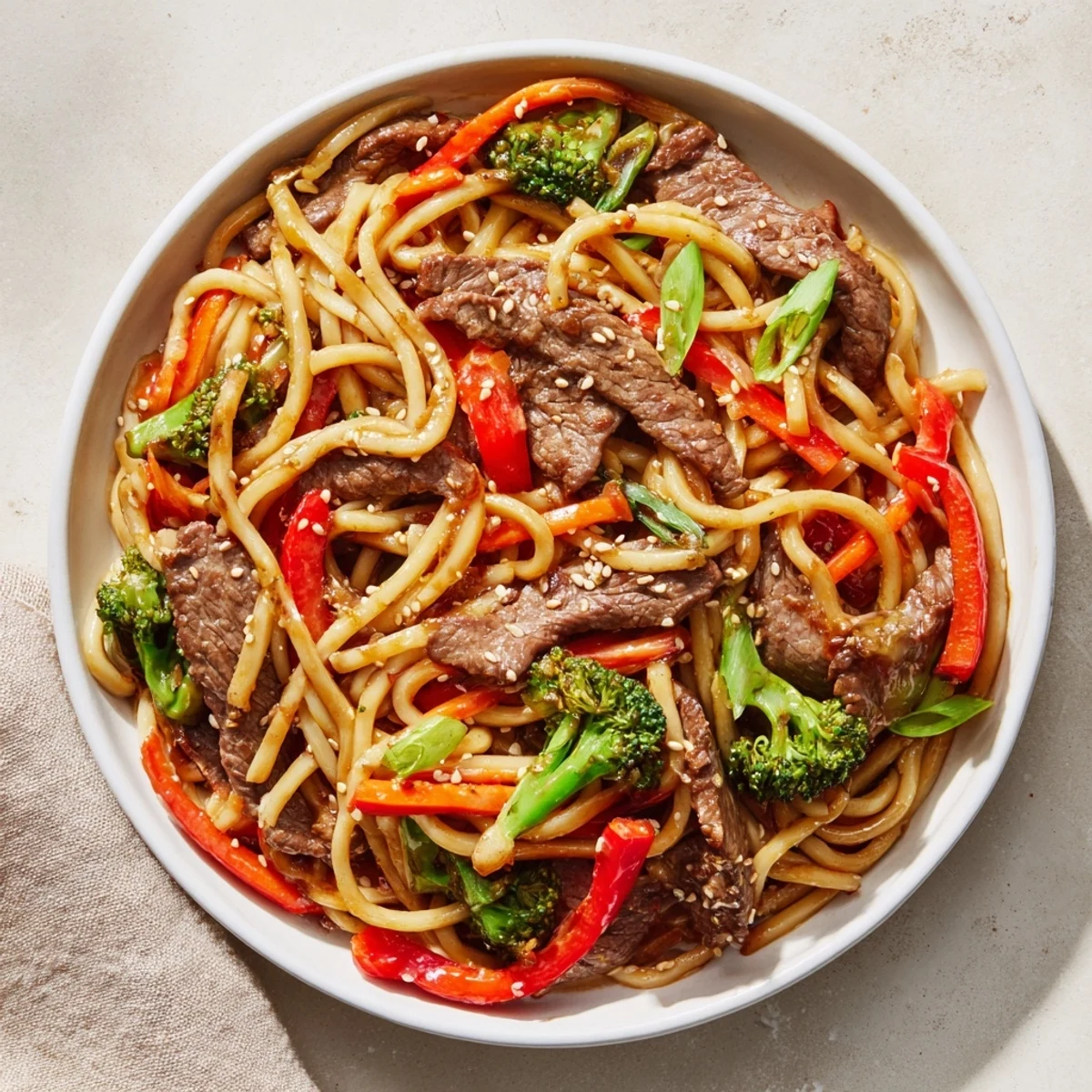 Golden-brown Easy Beef Stir-Fry with Lo Mein Noodles, steaming and ready to enjoy with sesame seeds.