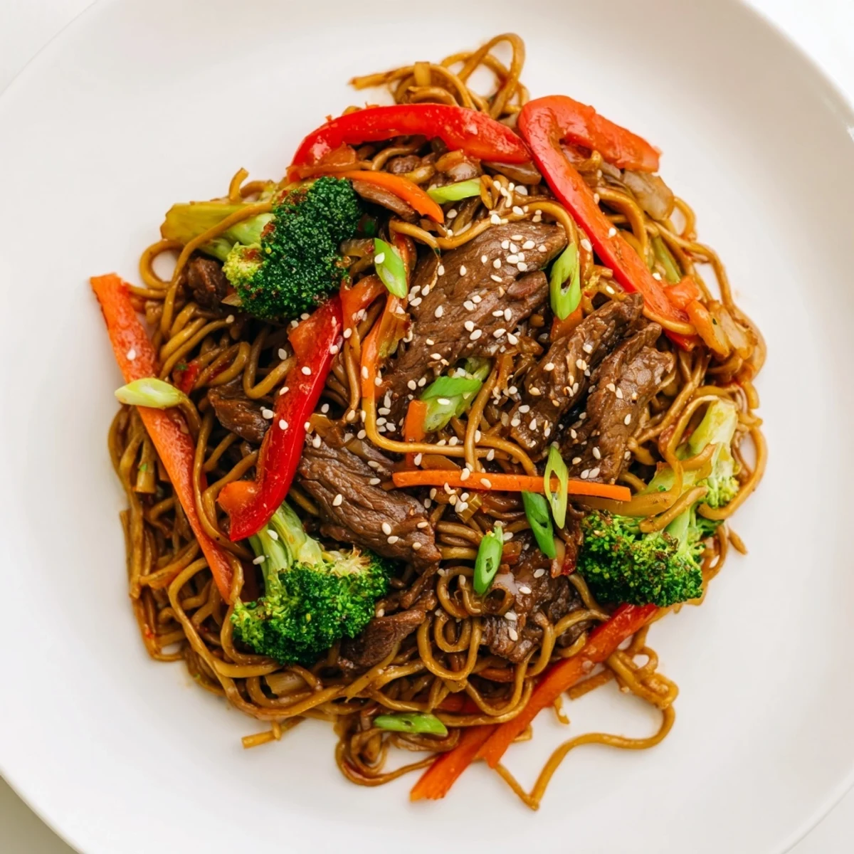 A vibrant close-up of the Easy Beef Stir-Fry with Lo Mein Noodles, showcasing tender beef and colorful vegetables.