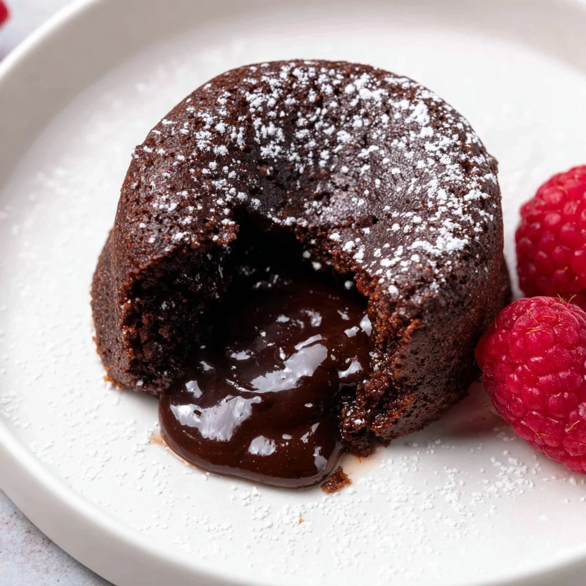 Rich dark chocolate mini lava cakes, dusted with powdered sugar, ready for serving with berries.