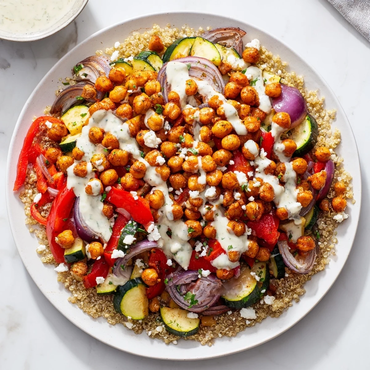 Vibrant Mediterranean Chickpea and Veggie Grain Bowl topped with fresh parsley, drizzled with creamy dressing for a delicious meal.
