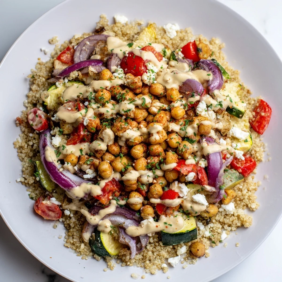 Close up of a Mediterranean Chickpea and Veggie Grain Bowl, showcasing beautifully roasted vegetables and a zesty lemon-tahini sauce.