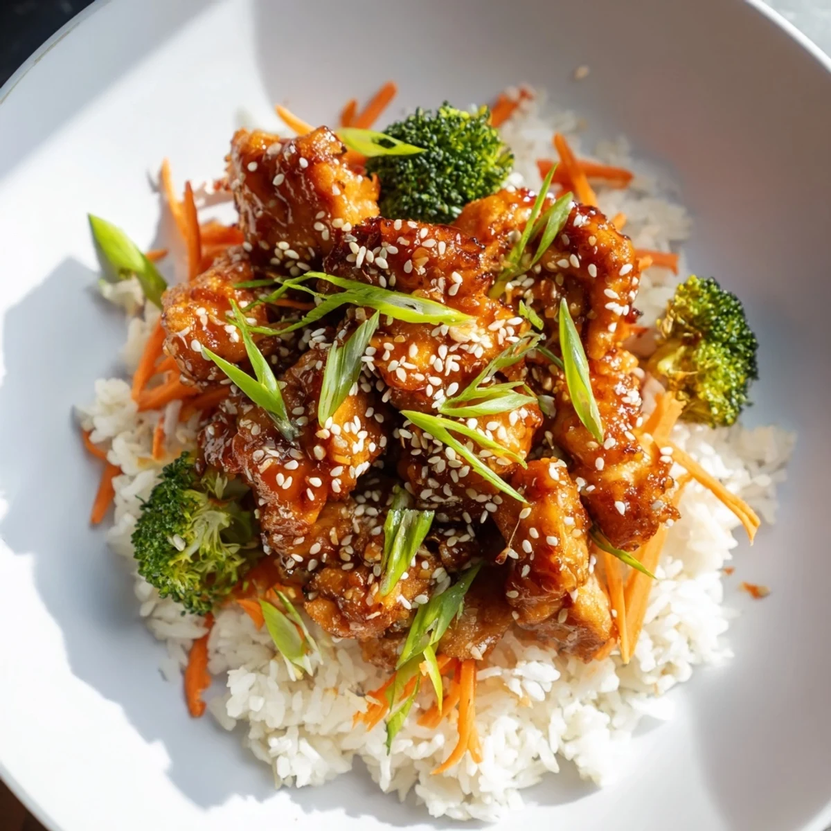 A delicious close-up of tender chicken teriyaki atop fluffy rice, ready to eat and enjoy.
