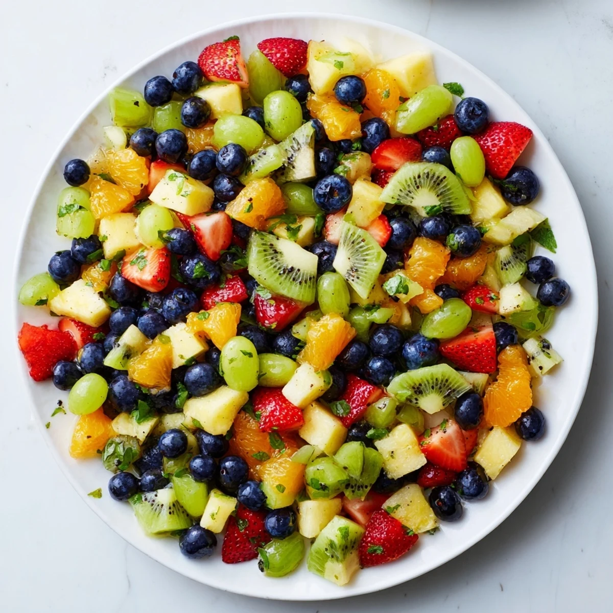 Vibrant fruit salad showcasing colorful berries and pineapple, drizzled with honey-lime.