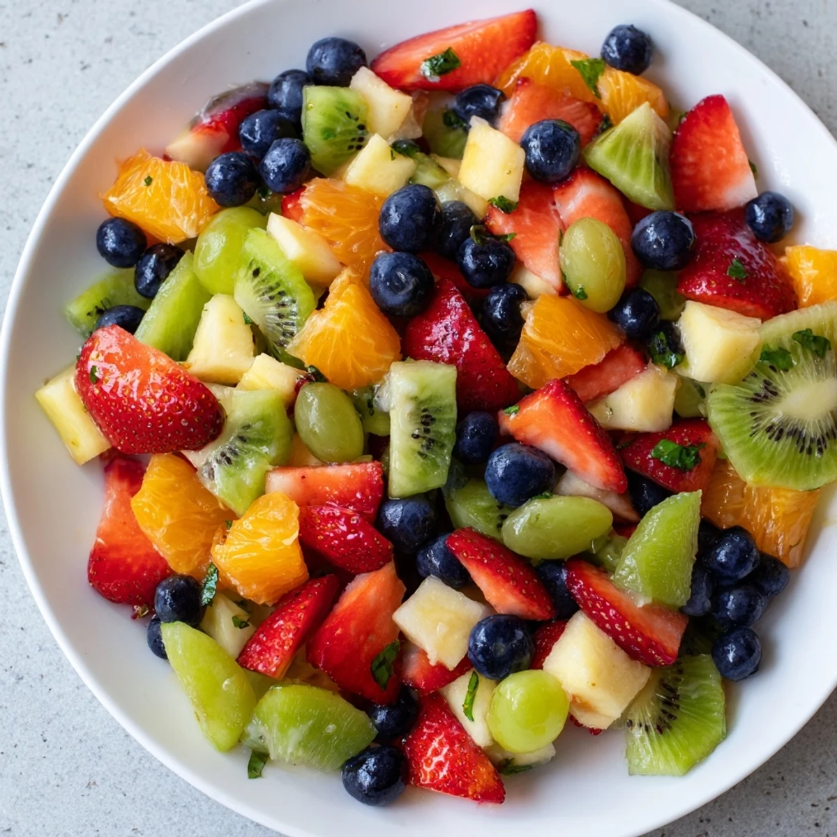 Close-up of a fruit salad, showcasing juicy fruits mixed with the zesty honey-lime dressing.