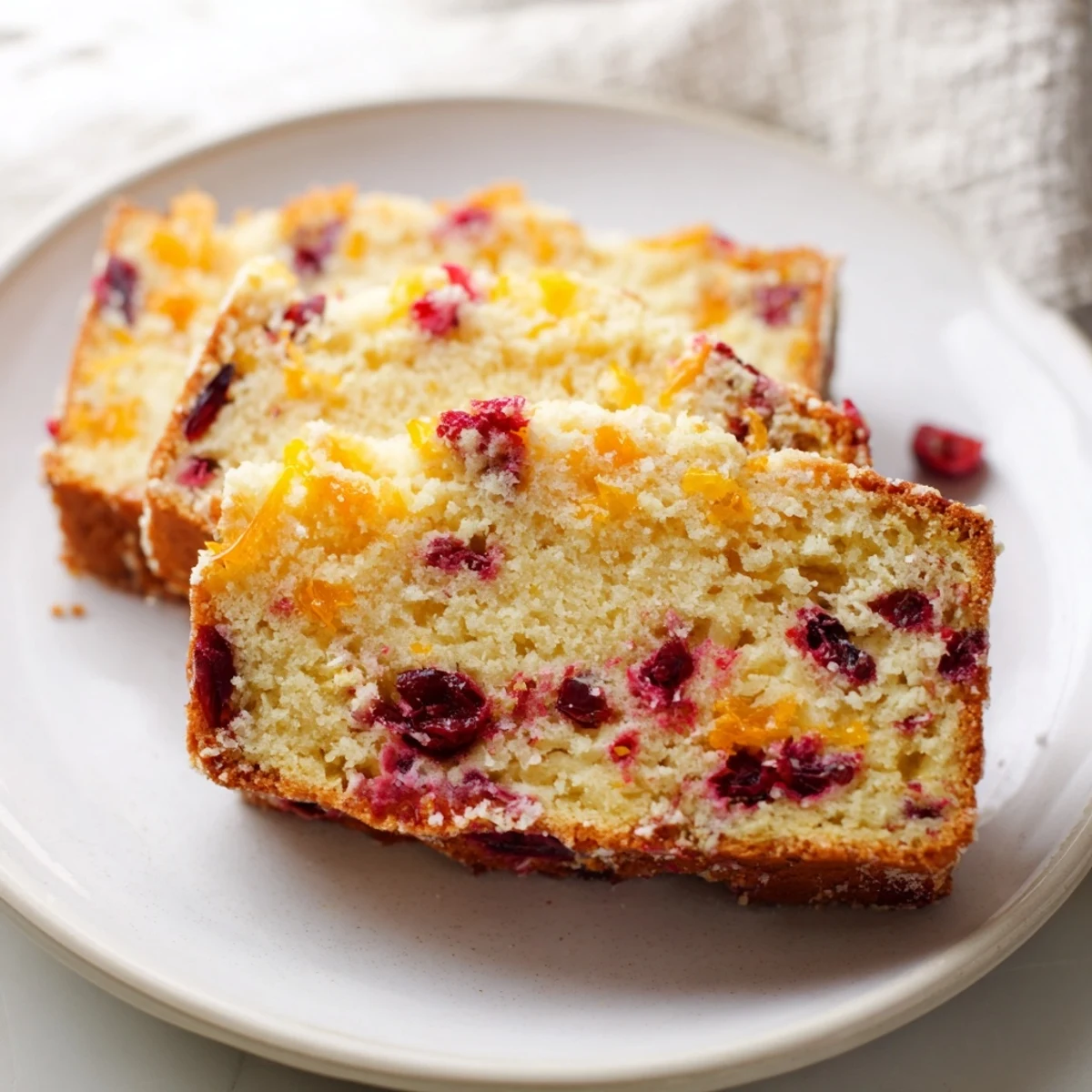 Golden-brown seasonal cranberry and orange bread, with visible cranberries in each slice, ready to serve.