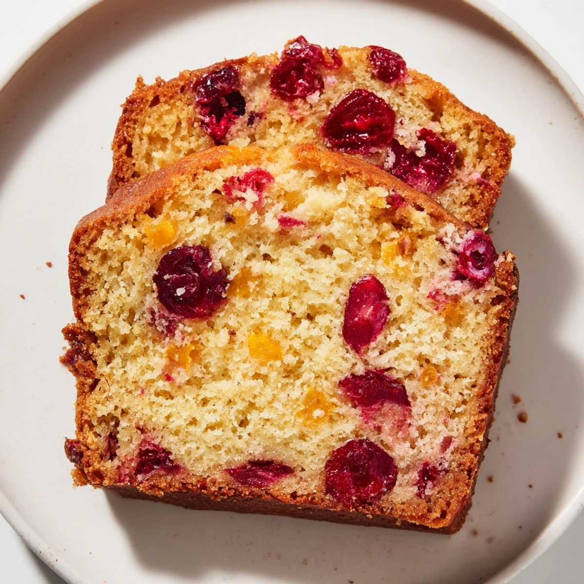 A warm, freshly baked loaf of cranberry and orange bread, bursting with sweet and tart flavors.