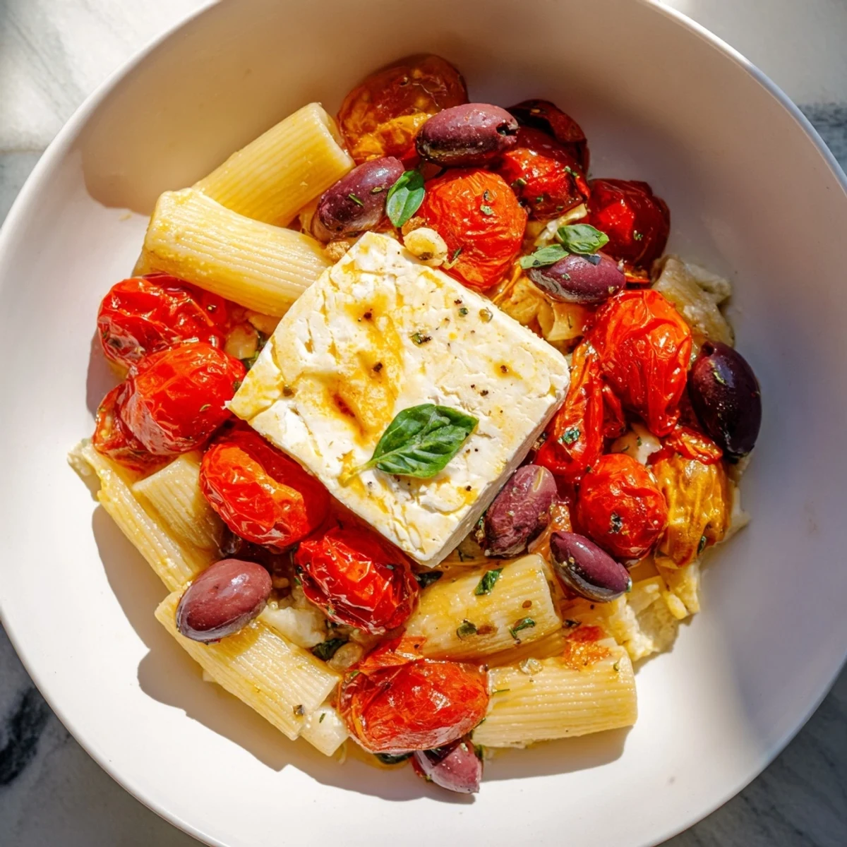 Creamy, melted baked feta pasta with burst cherry tomatoes and fresh basil on a plate.