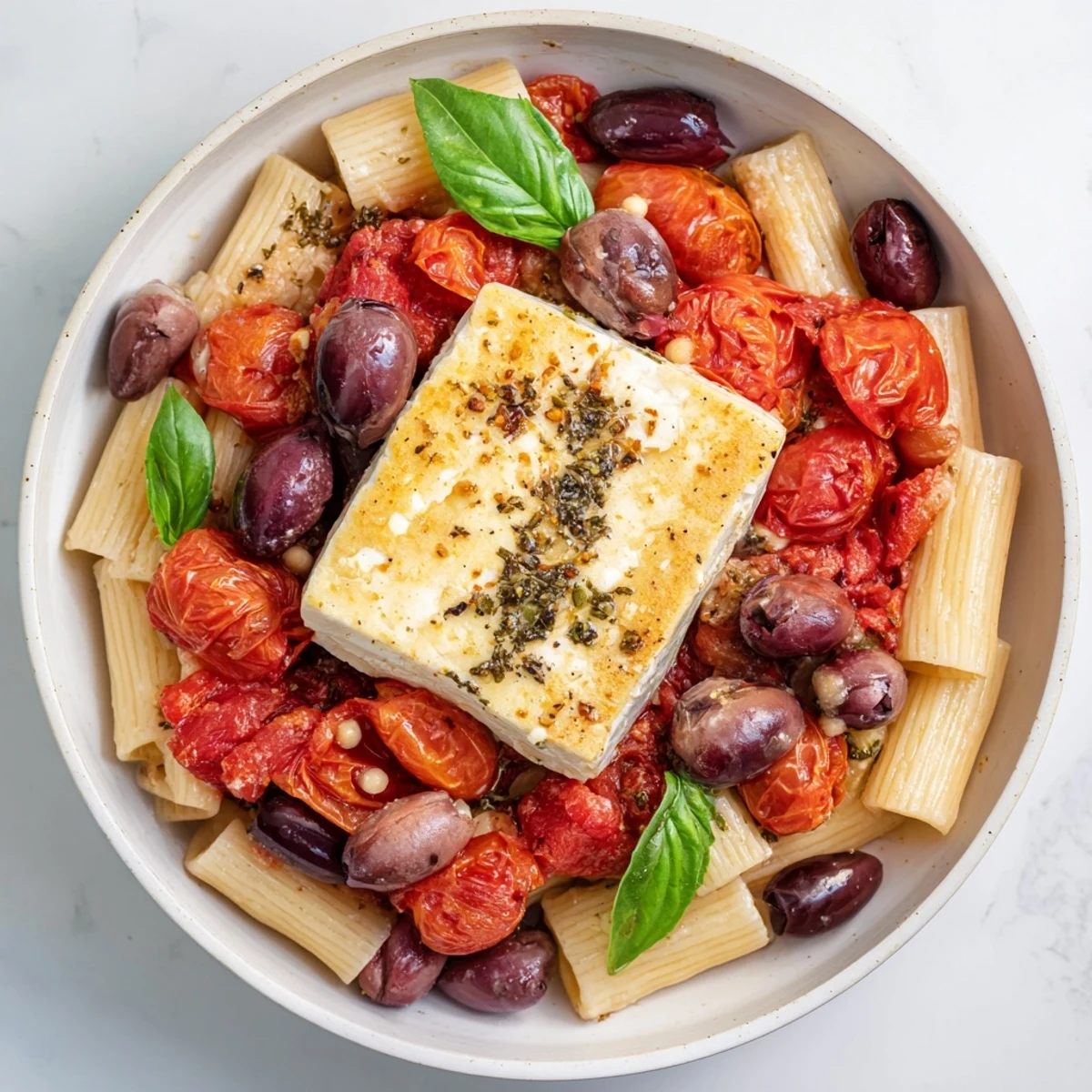 Golden baked feta pasta with Kalamata olives, a flavorful Mediterranean vegetarian dish, ready to serve.