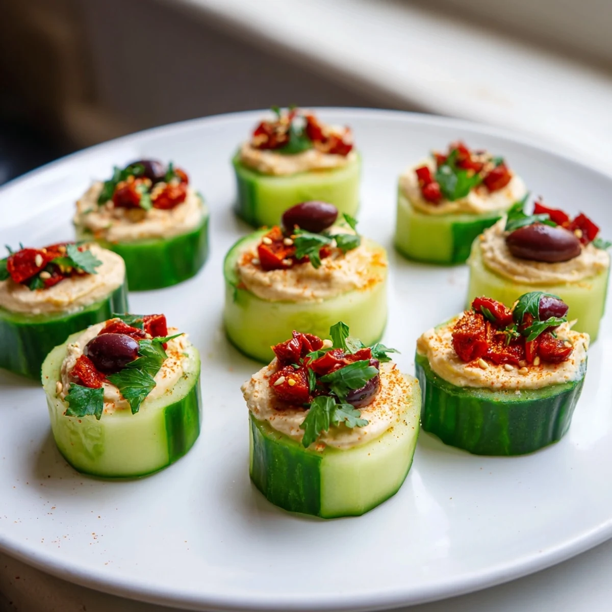 These Quick Hummus and Cucumber Bites feature a generous dollop of hummus atop fresh cucumber slices for a light snack.