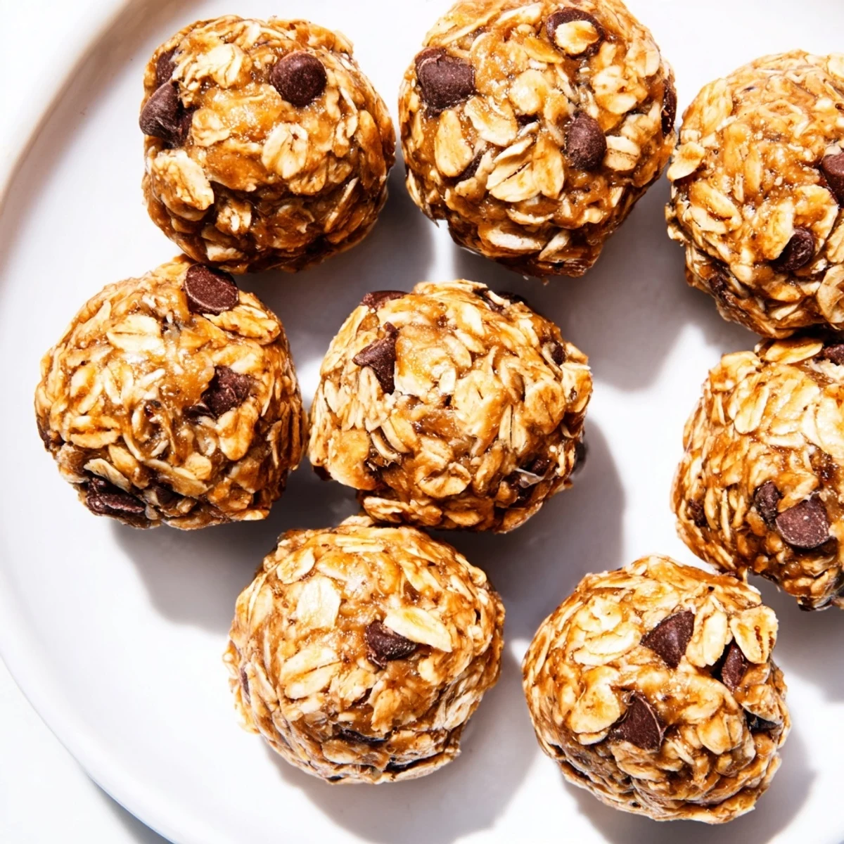 No-Bake Peanut Butter Energy Balls, studded with chocolate chips, ready to eat after refrigeration.