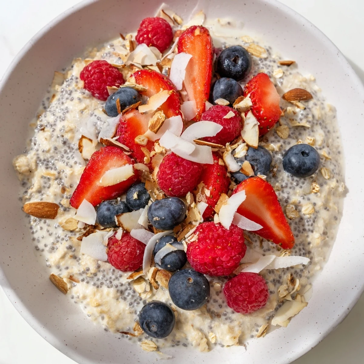Creamy overnight oats with berries and chia seeds, a colorful breakfast jar ready to eat.