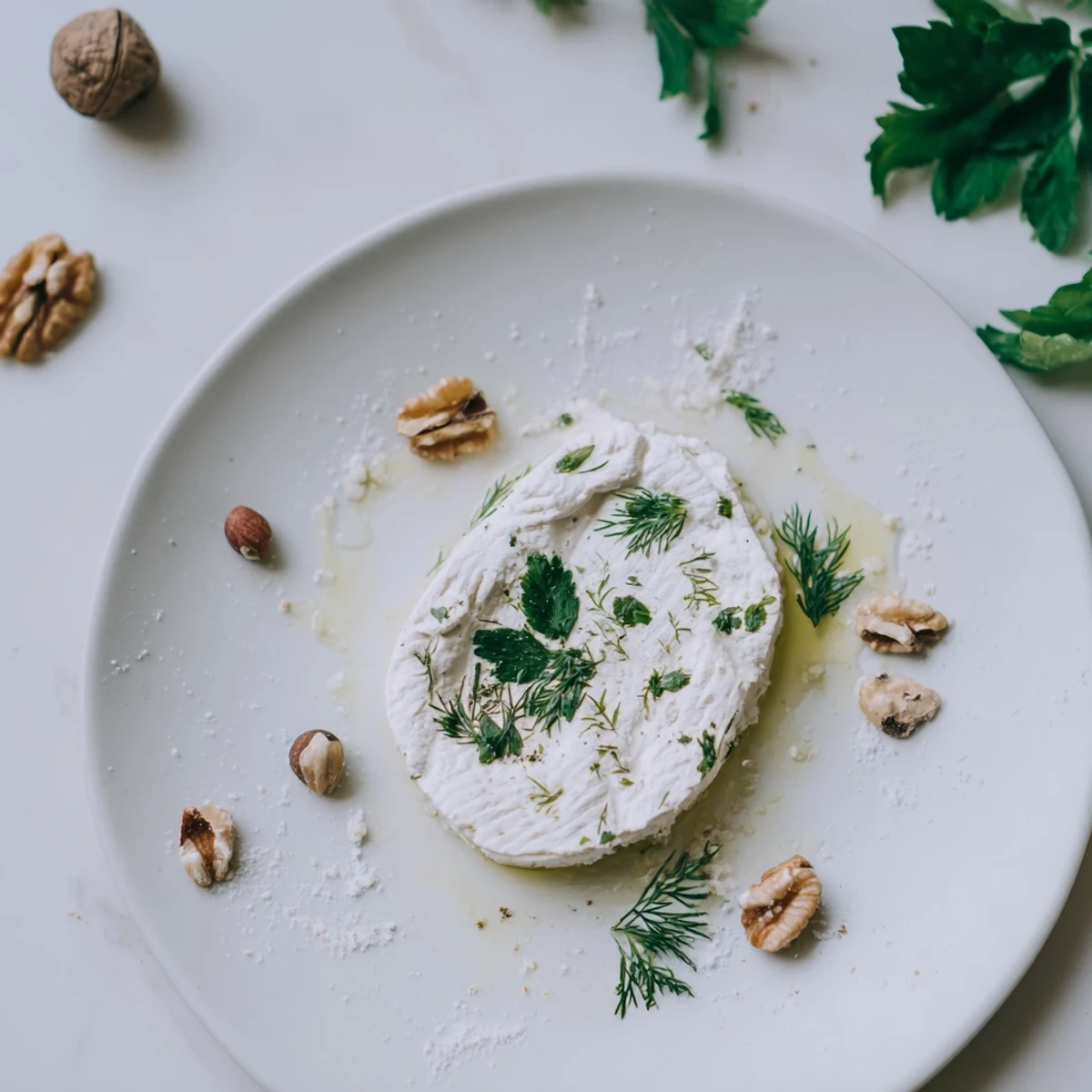 Appetizing Fossil Record appetizer featuring soft cheese imprinted with herbs and surrounding nuts ready to enjoy.