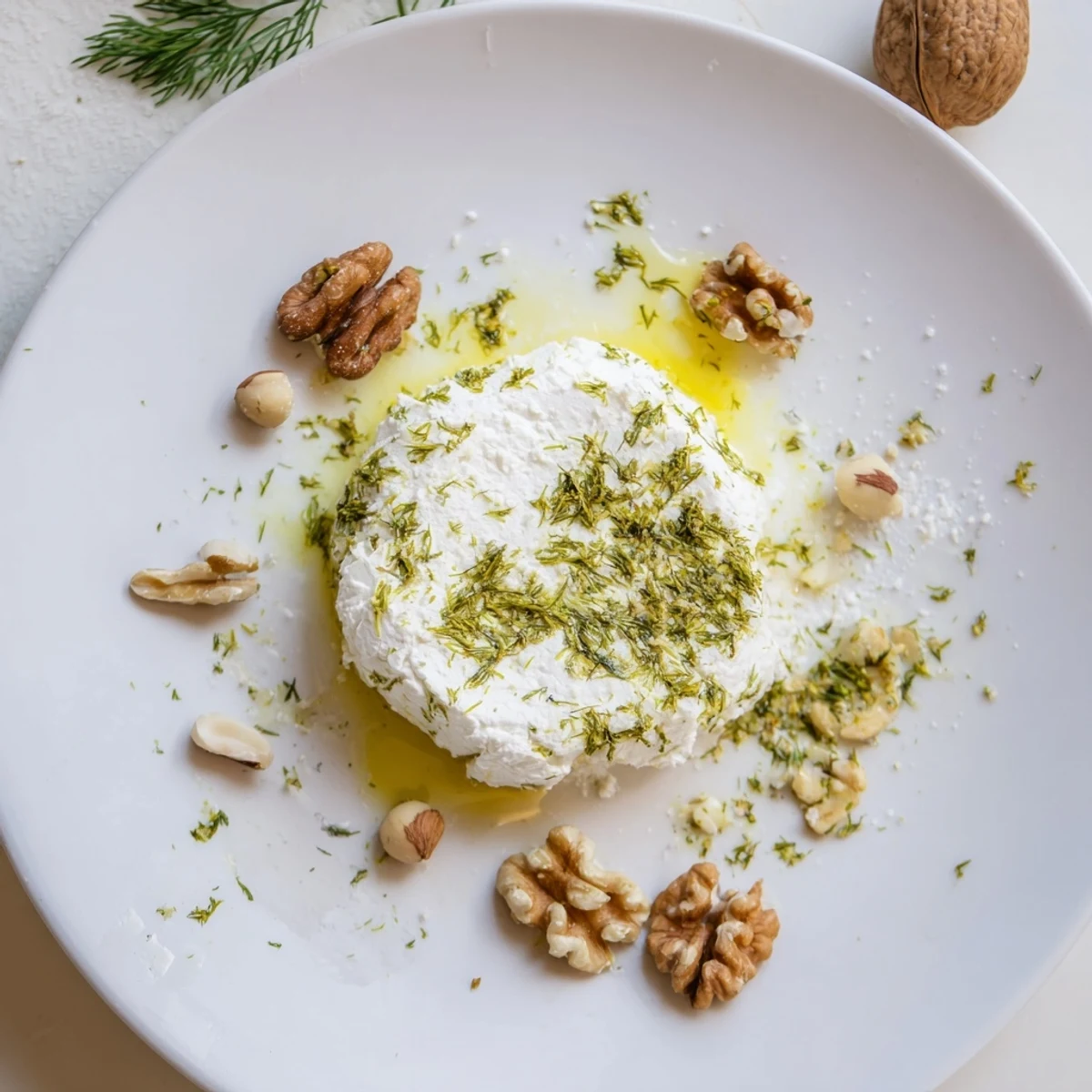 Delectable Fossil Record appetizer, perfectly plated with detailed herb impressions and rustic nut arrangement.