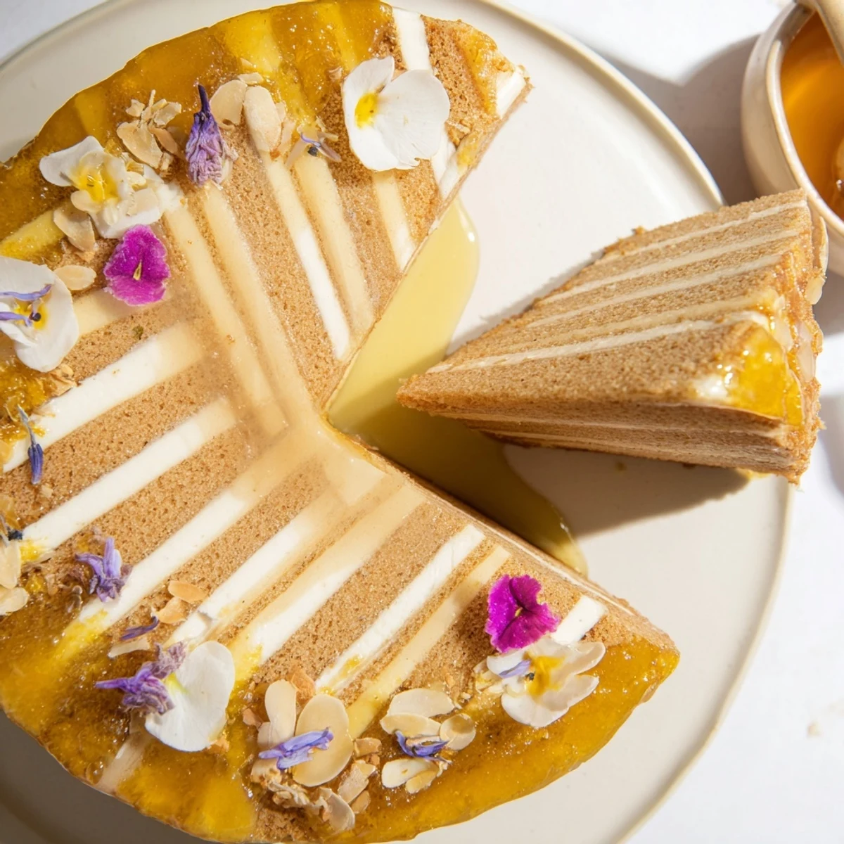 Golden layers of The Honey-Drip cake stacked with honey cream, ready to dip into a central honey pot.