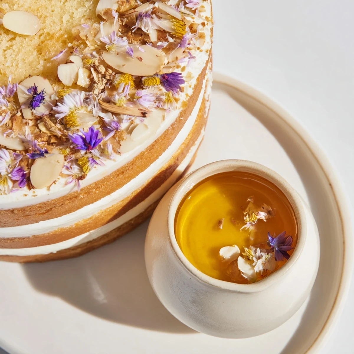 Warm, flowing honey glistening over The Honey-Drip cake, a sweet indulgence prepared with love.