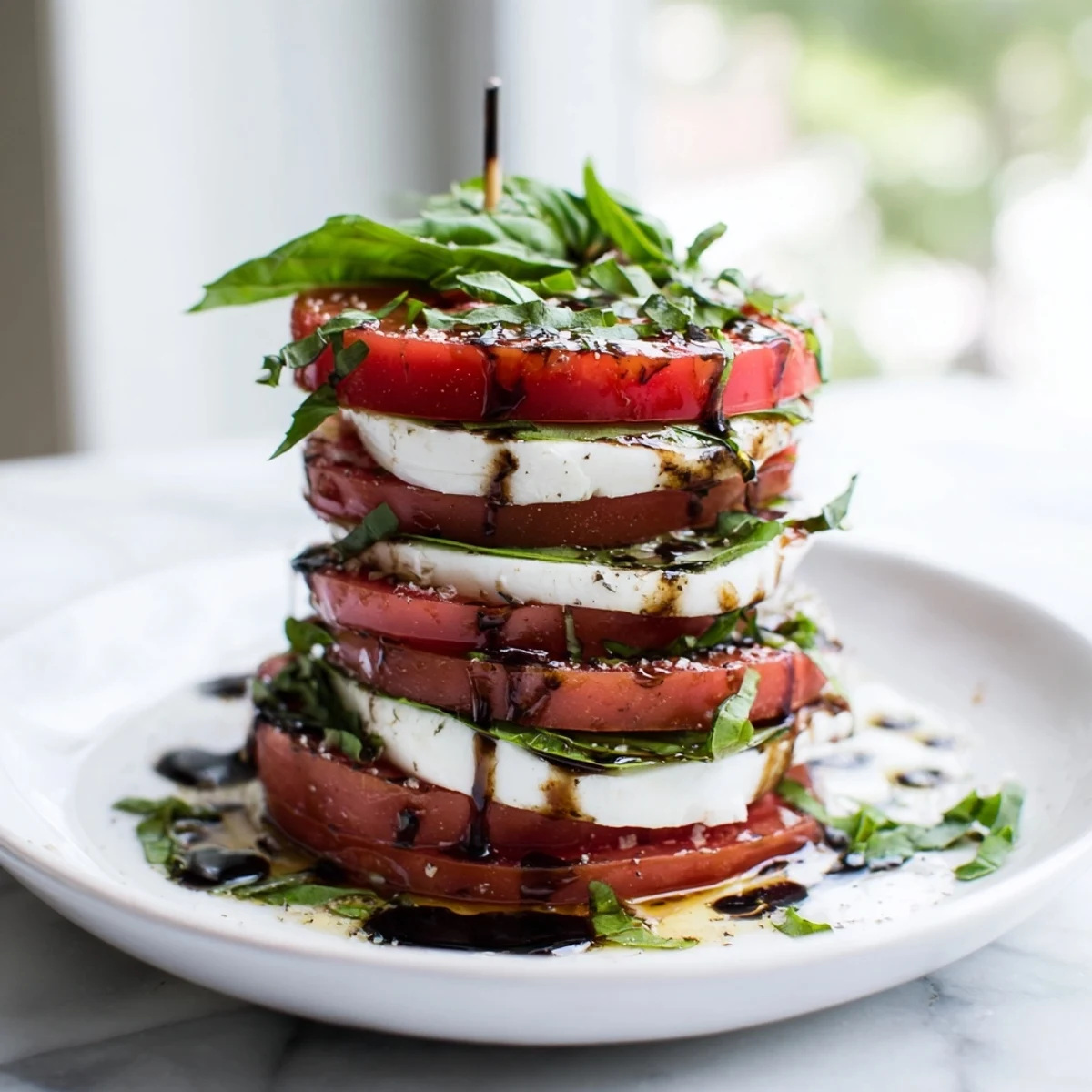 A refreshing Tuscan Pillar appetizer: layered tomato, mozzarella, and basil drizzled with glaze.