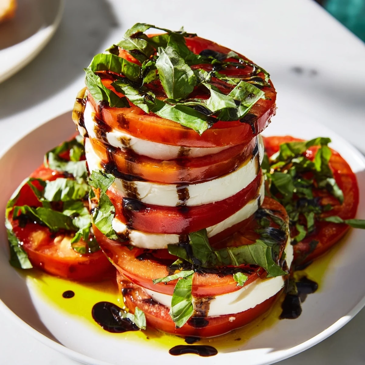 The Tuscan Pillar looks stunning: colorful tomato and creamy mozzarella stacked high, ready to eat.