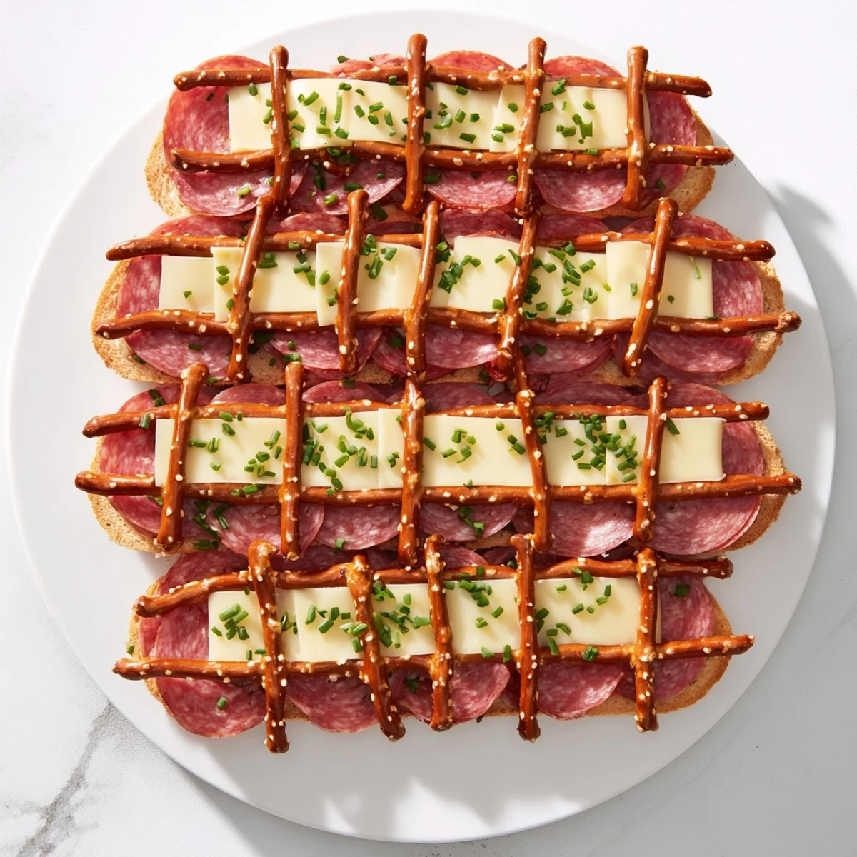 The Lattice Window appetizer presents a delightful layering of meats, cheeses, and a pretzel lattice.