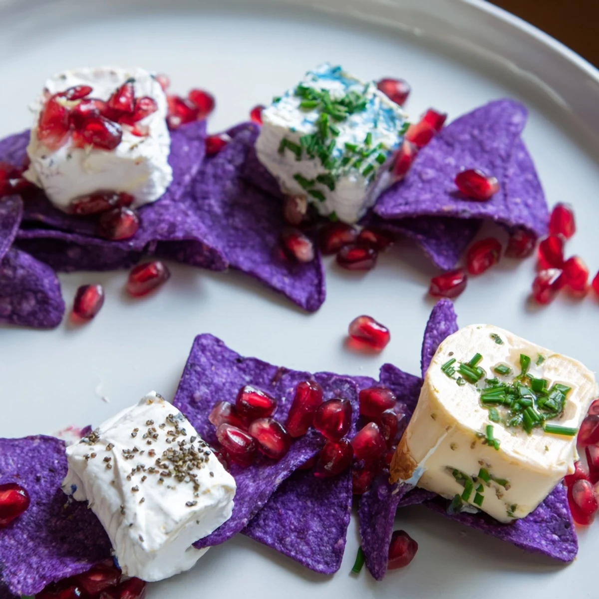 Vibrant The Stepping Stones appetizer, featuring cheese stepping stones over blue corn "river" chips.