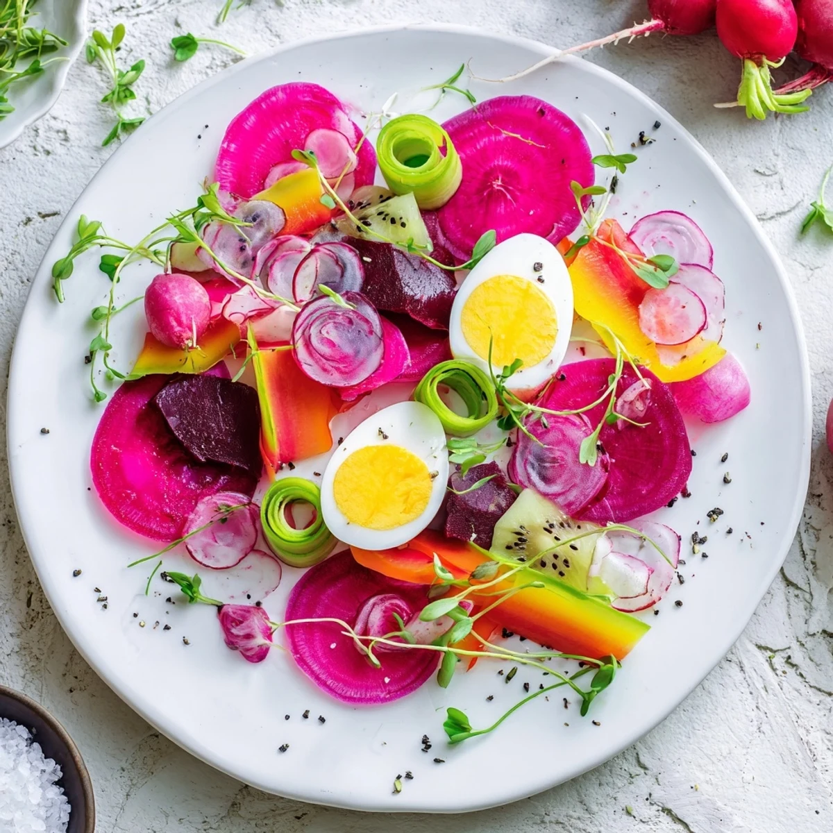 Vibrant The Neon Night appetizer showcases colorful pickled vegetables, beet-dyed eggs, and juicy fruits arranged beautifully.