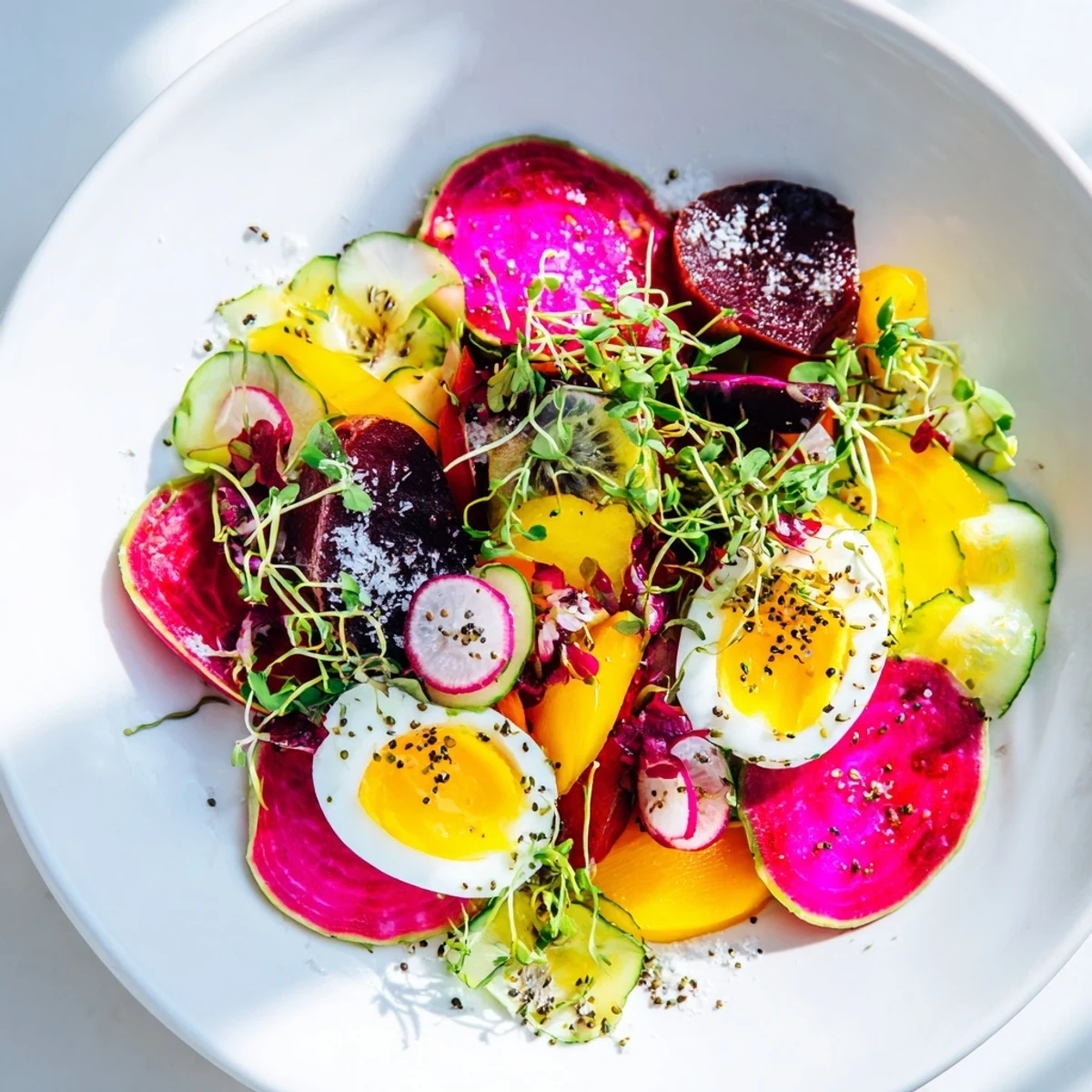 A close-up of The Neon Night recipe visually details the colorful arrangement of fresh and pickled elements, ready to eat.