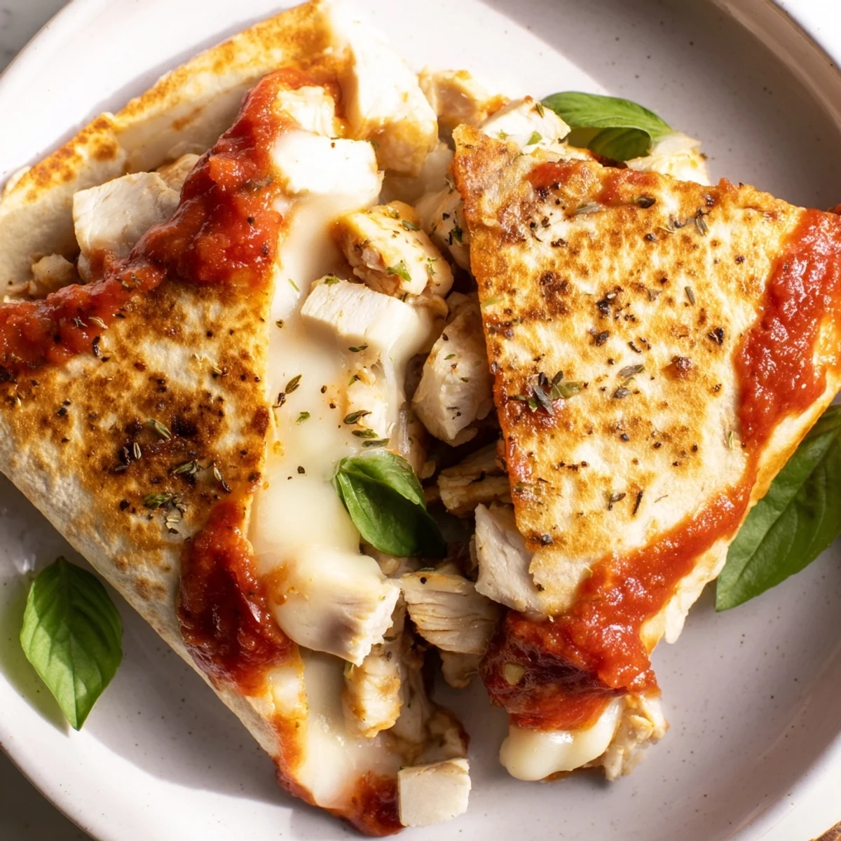 Golden-brown Tortilla Pizza Wrap with Chicken: crispy exterior, oozing mozzarella, and savory chicken filling.