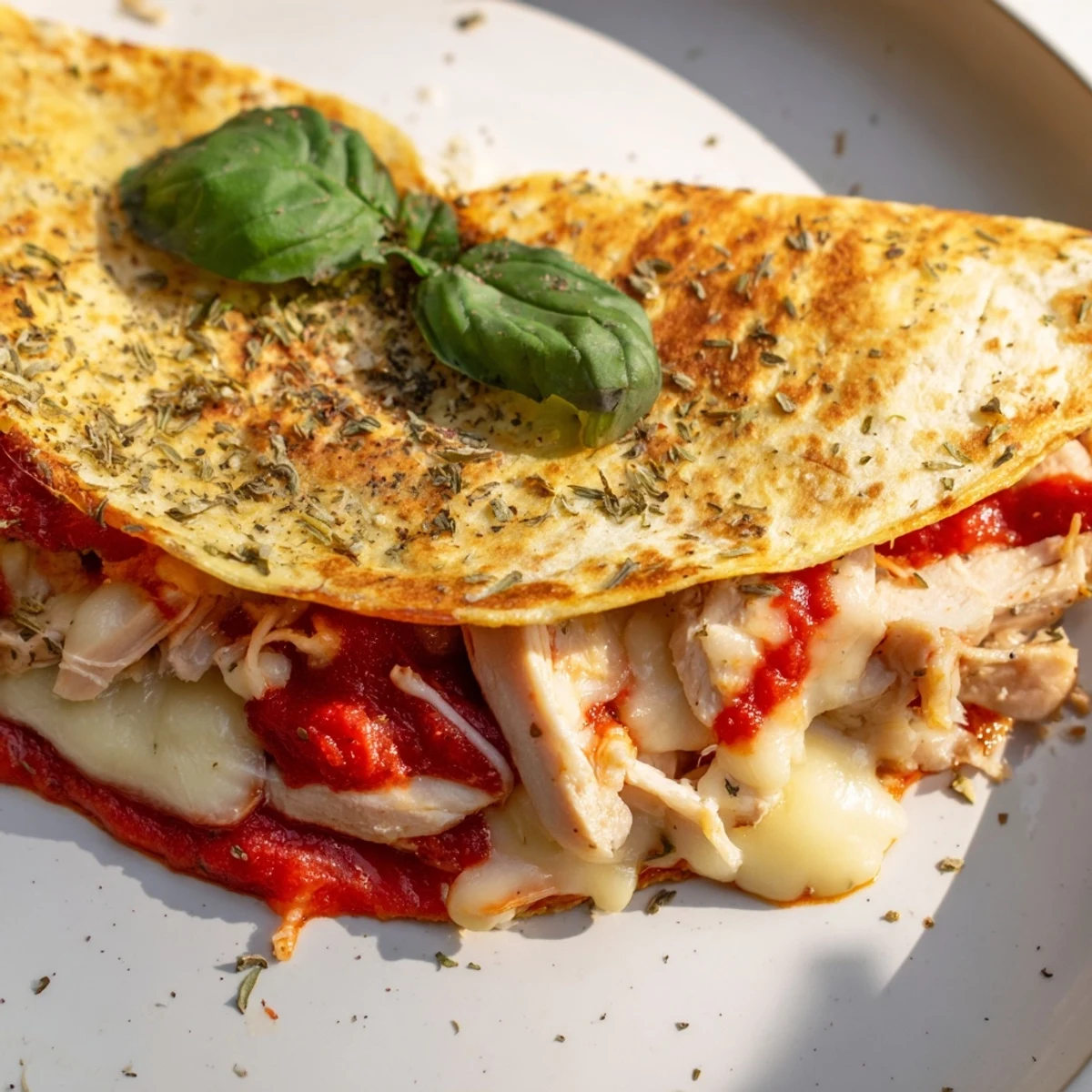 Delicious, folded Tortilla Pizza Wrap with Chicken; imagine the perfect balance of flavors and textures.