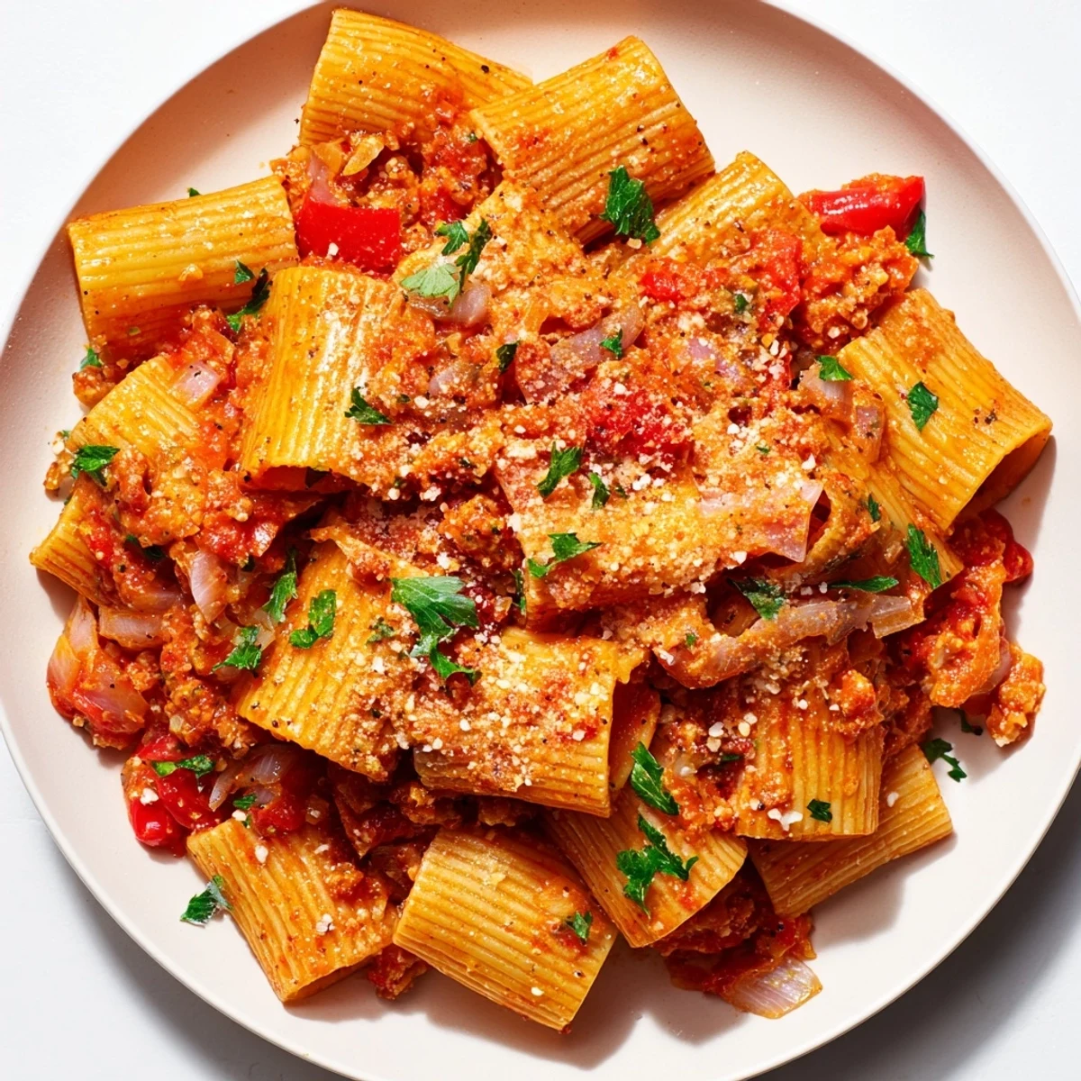 Steaming hot One-Pot Diavola Spicy Pasta, perfectly cooked with a vibrant red hue from tomatoes.