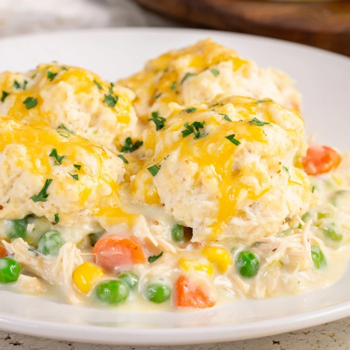 Fluffy biscuit topping atop a hearty Chicken Cobbler, perfect for a cozy, comforting dinner.