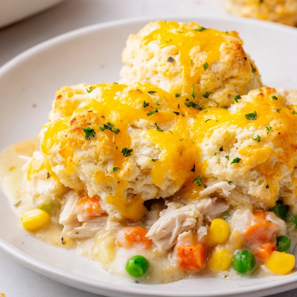 Close-up of bubbling Chicken Cobbler with golden biscuits, featuring tender chicken and veggies.
