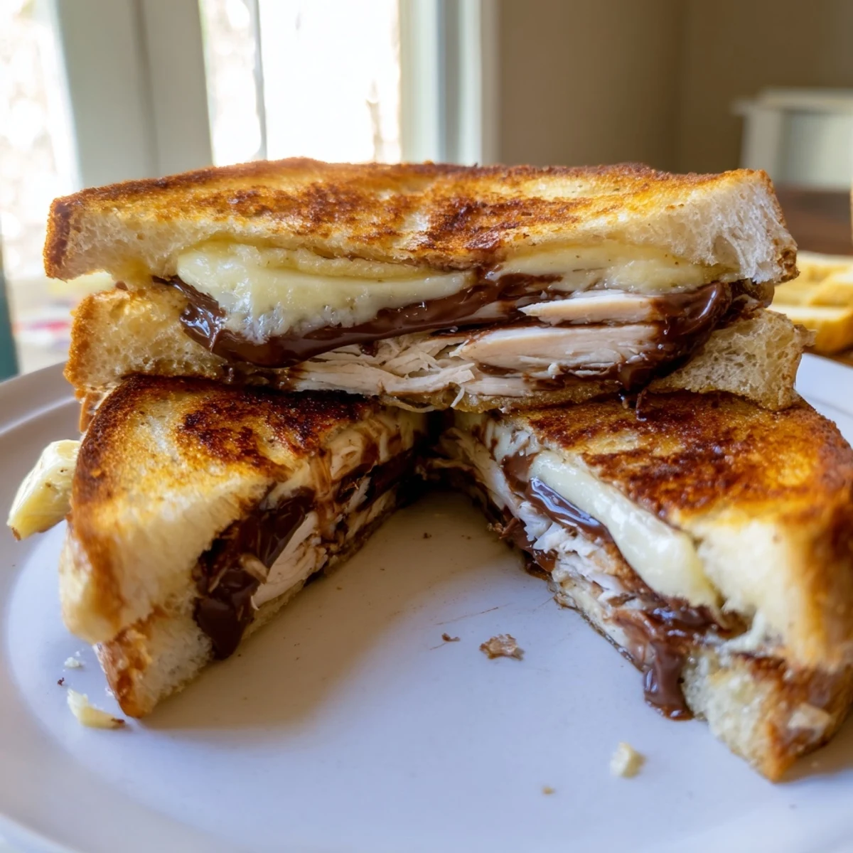 Golden-brown Nutella Grilled Cheese with Chicken, showcasing melted brie and succulent chicken within a toasted sandwich.