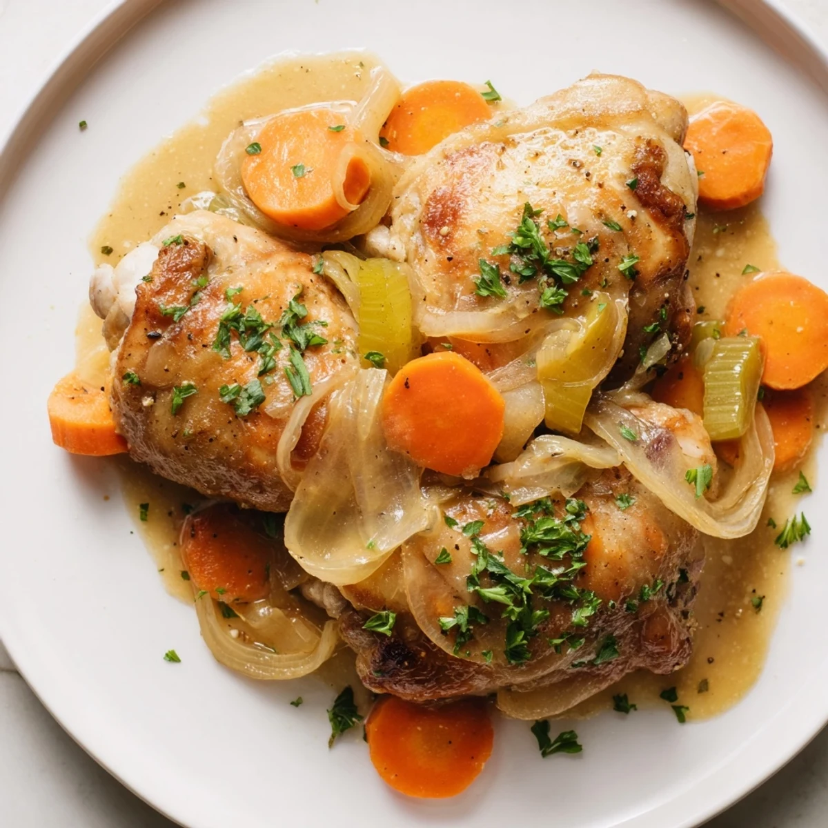 Georgia Pot Roast Chicken simmering in a Dutch oven with tender chicken nestled in gravy, ready to serve.