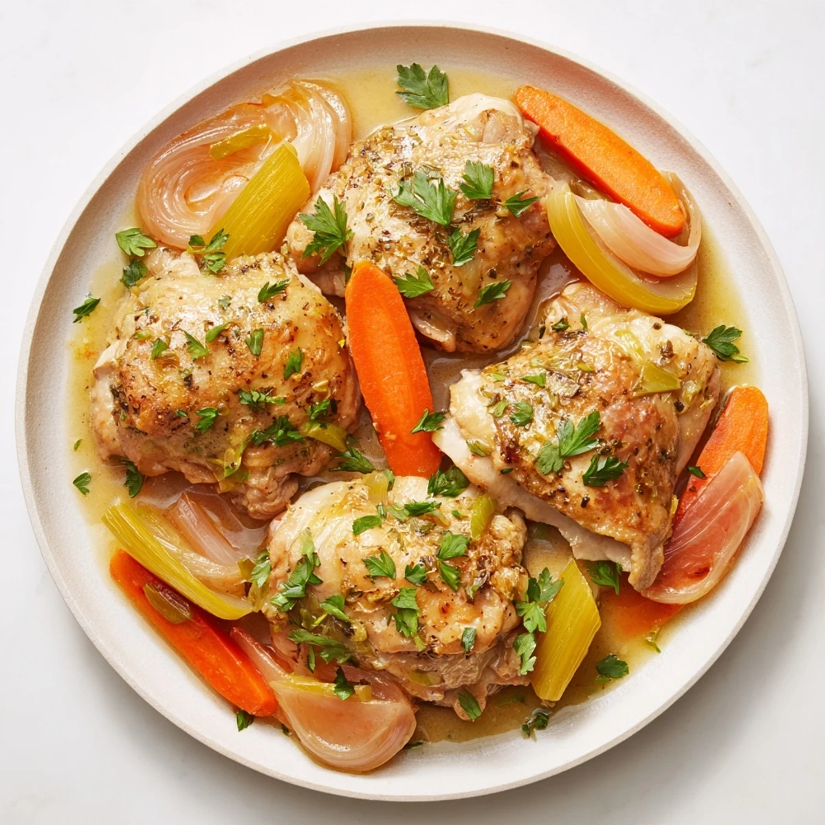 Juicy Georgia Pot Roast Chicken plated, showcasing tender chicken thighs and sweet onions in a rich, flavorful sauce.