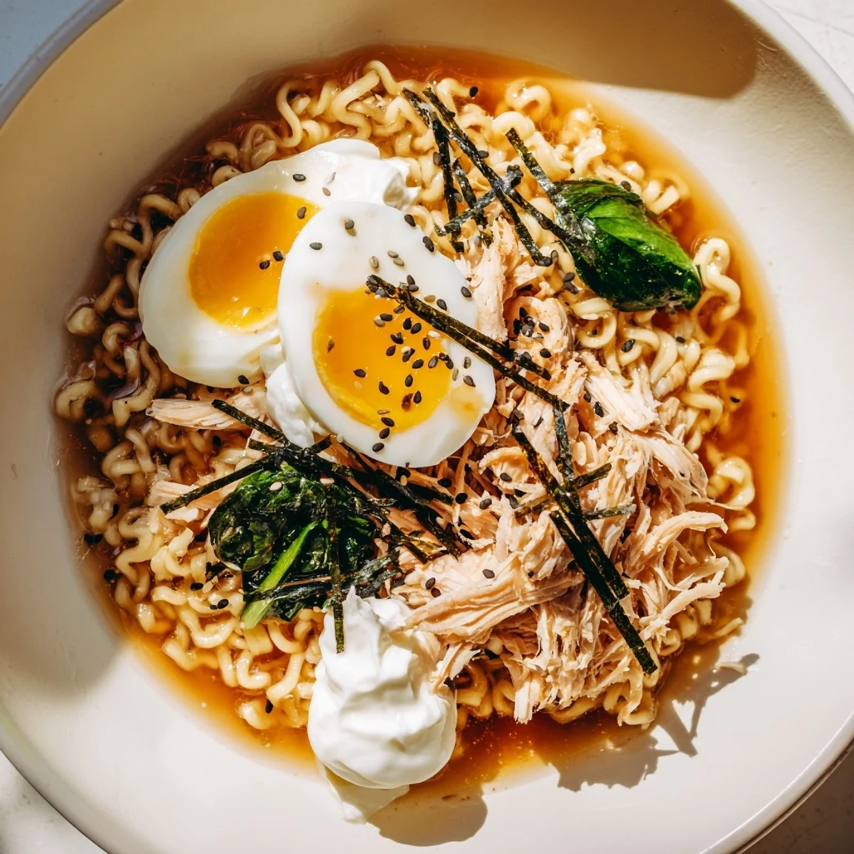 Steaming bowl of Chicken Ramen with Kewpie Mayo, topped with soft egg and green scallions.