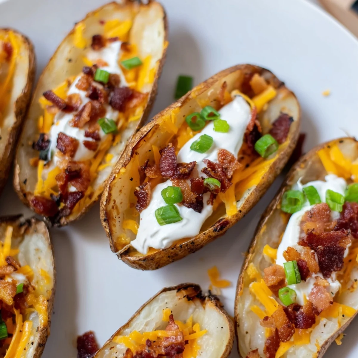 Loaded Baked Potato Skins topped with melted cheese, crispy bacon, and fresh green onions, ready to eat.
