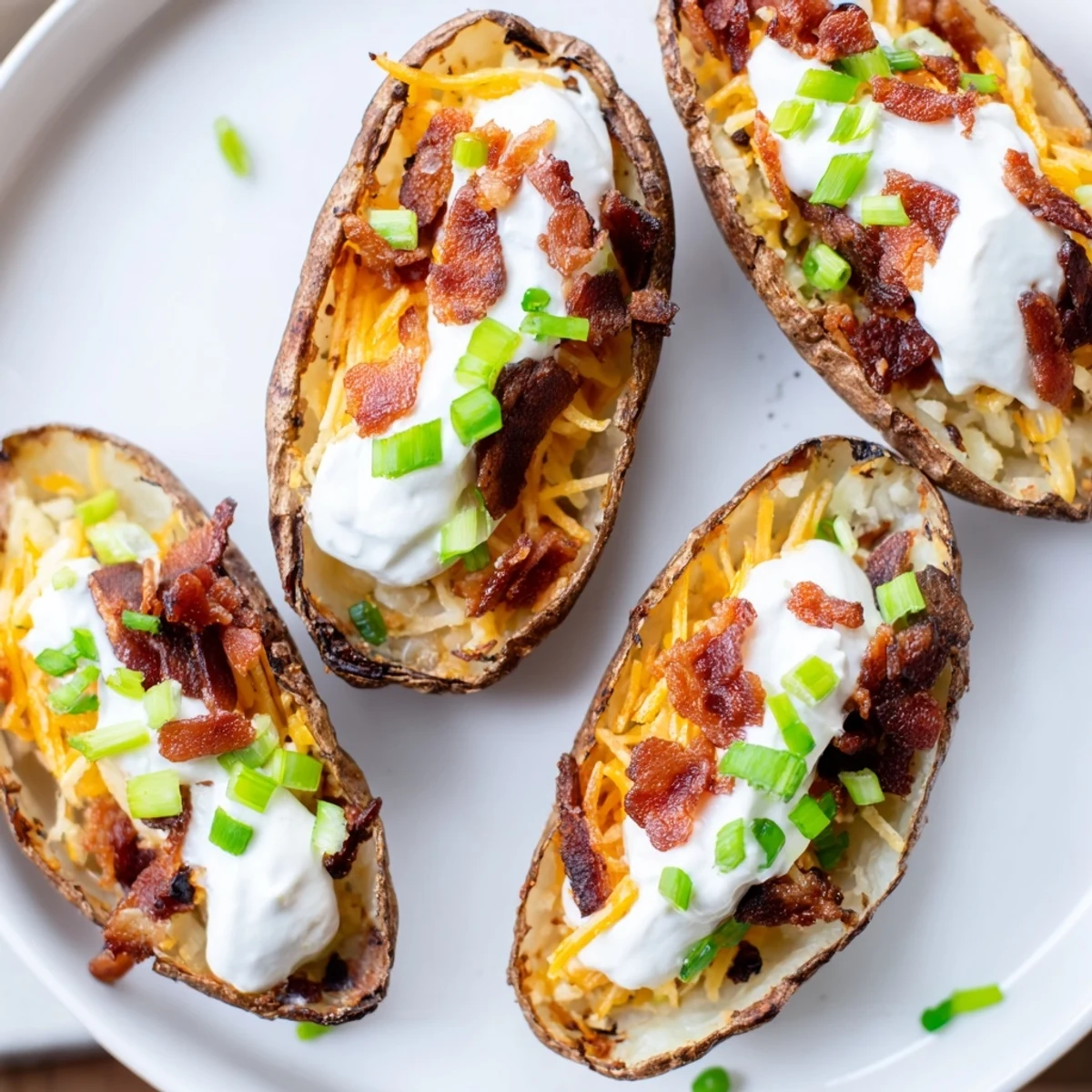 Golden-brown Loaded Baked Potato Skins with a bubbly cheese topping, perfect for an easy appetizer.