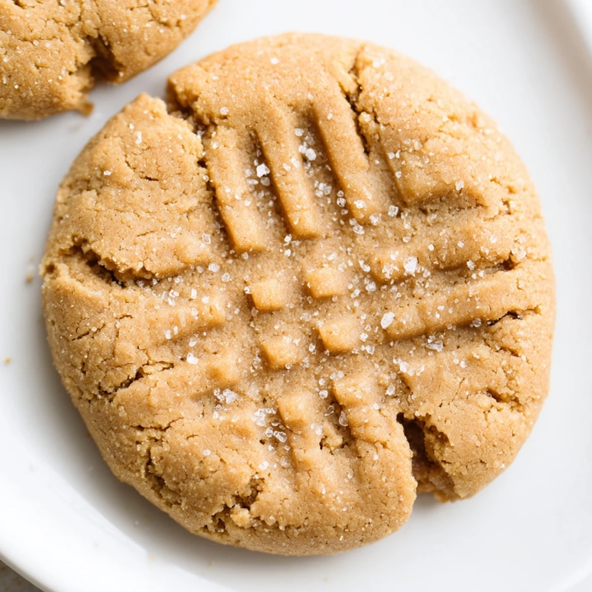 Freshly baked flourless peanut butter cookies, perfectly crisscrossed and smelling delicious.