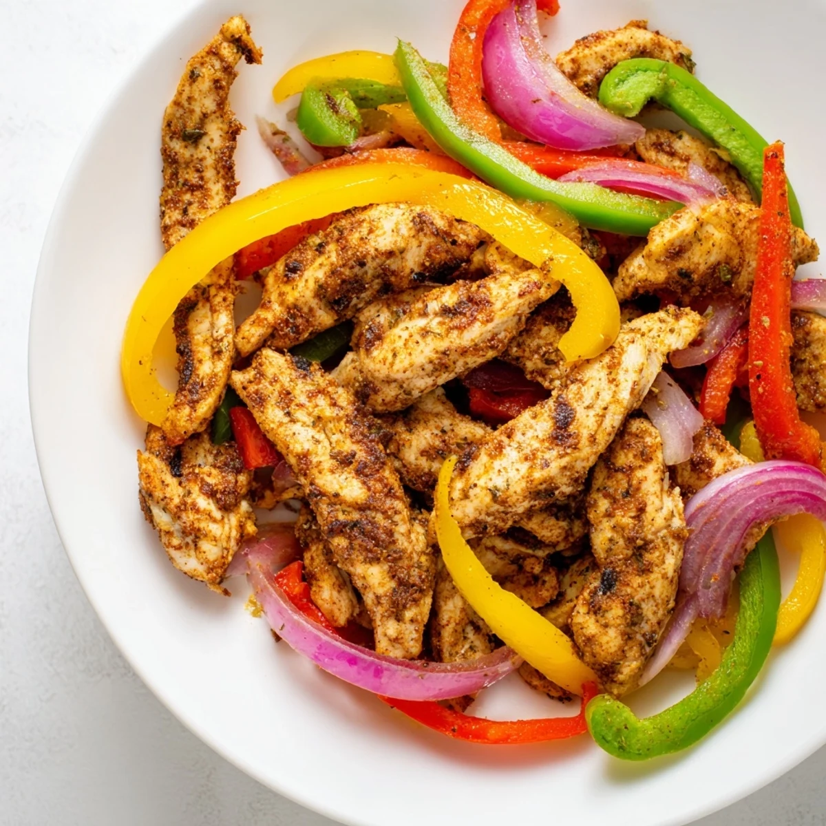 Sheet-pan chicken fajitas with sizzling peppers and onions, ready to be wrapped in a warm tortilla.